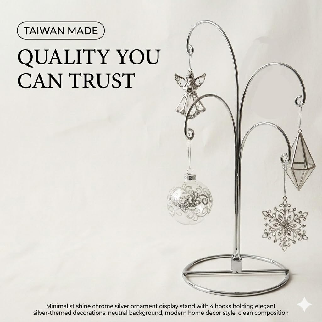 HOHIYA Ornament Display Stand 12 Inch 2 Pack 4-Arm Metal Ornament Holder for Christmas Decorations Crystal Ball Hanging Ornaments Jewelry Display Stand Chrome Silver