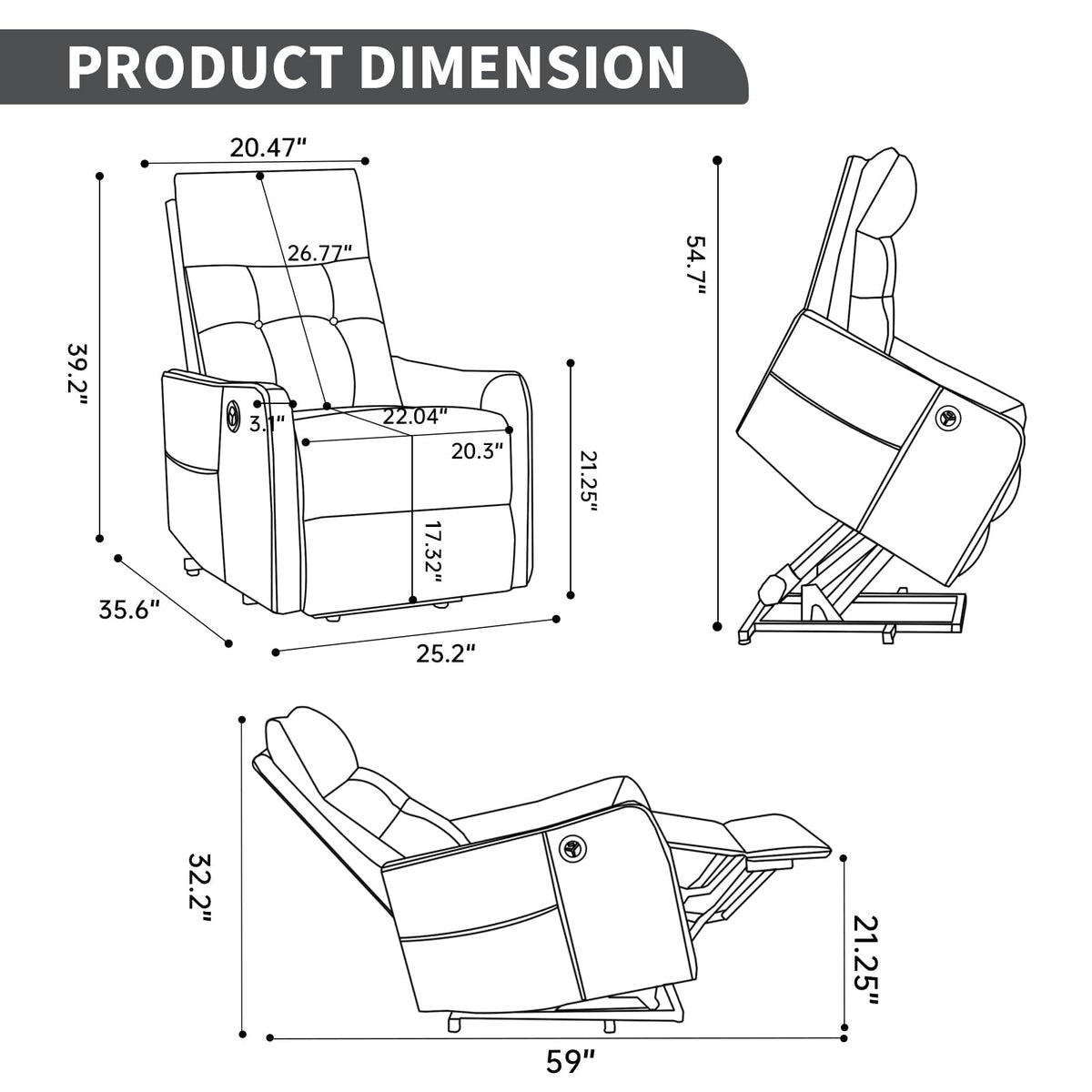 KEIKI Single Motor Power Lift Recliner Chair with Massage and Heat for Home Theater, Soft Fabric Finish with USB Charging Port and Motion Mechanism for Elderly