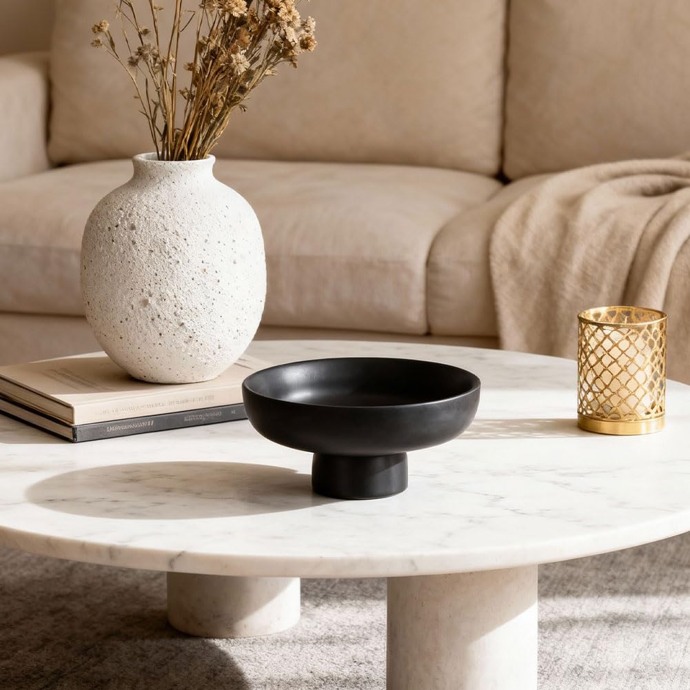 QIANLING Black Pedestal Bowl for Home Decor - Matte Black Resin Decorative Fruit Bowl for Kitchen Counter, Coffee Table or Entryway, Modern Centerpiece Bowl for Keys, Candy (Black)