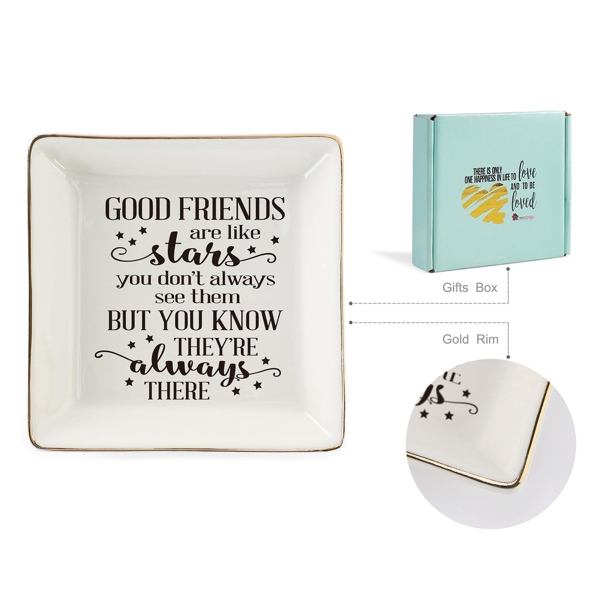 HOME SMILE Good Friends Bestie Birthday Gifts for Women Her Ring Trinket Dish Jewelry Tray-Good Friends are Like Stars - You Don't Always See Them But You Know They're Always There, Friendship Gifts