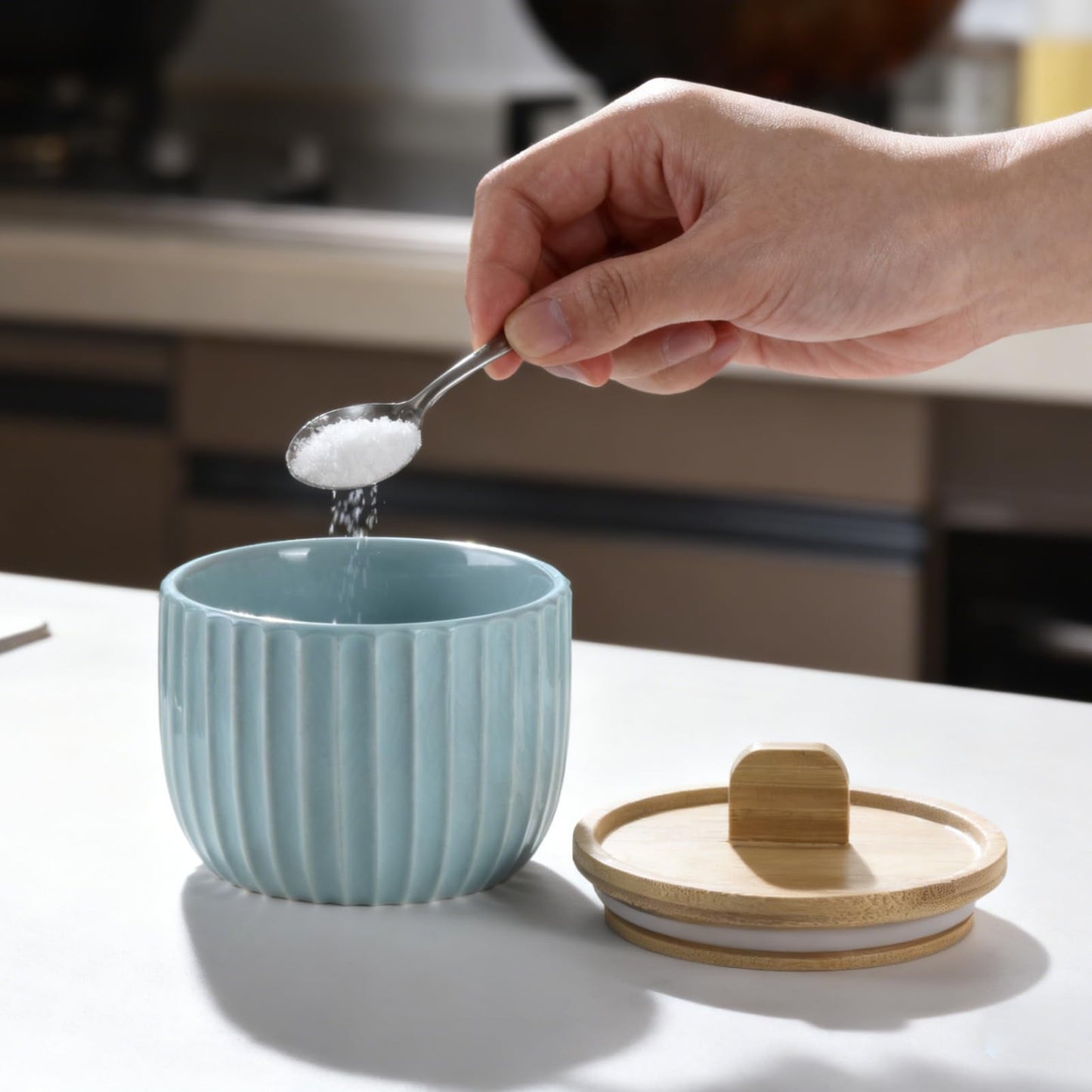 Lunavita Salt Cellar Keeper with Bamboo Lid, 14oz Big Capacity Ceramic Sugar Bowls Pepper Box, Crackle Glaze Seasoning Container Condiment Pot for Kitchen (Cyan Color)