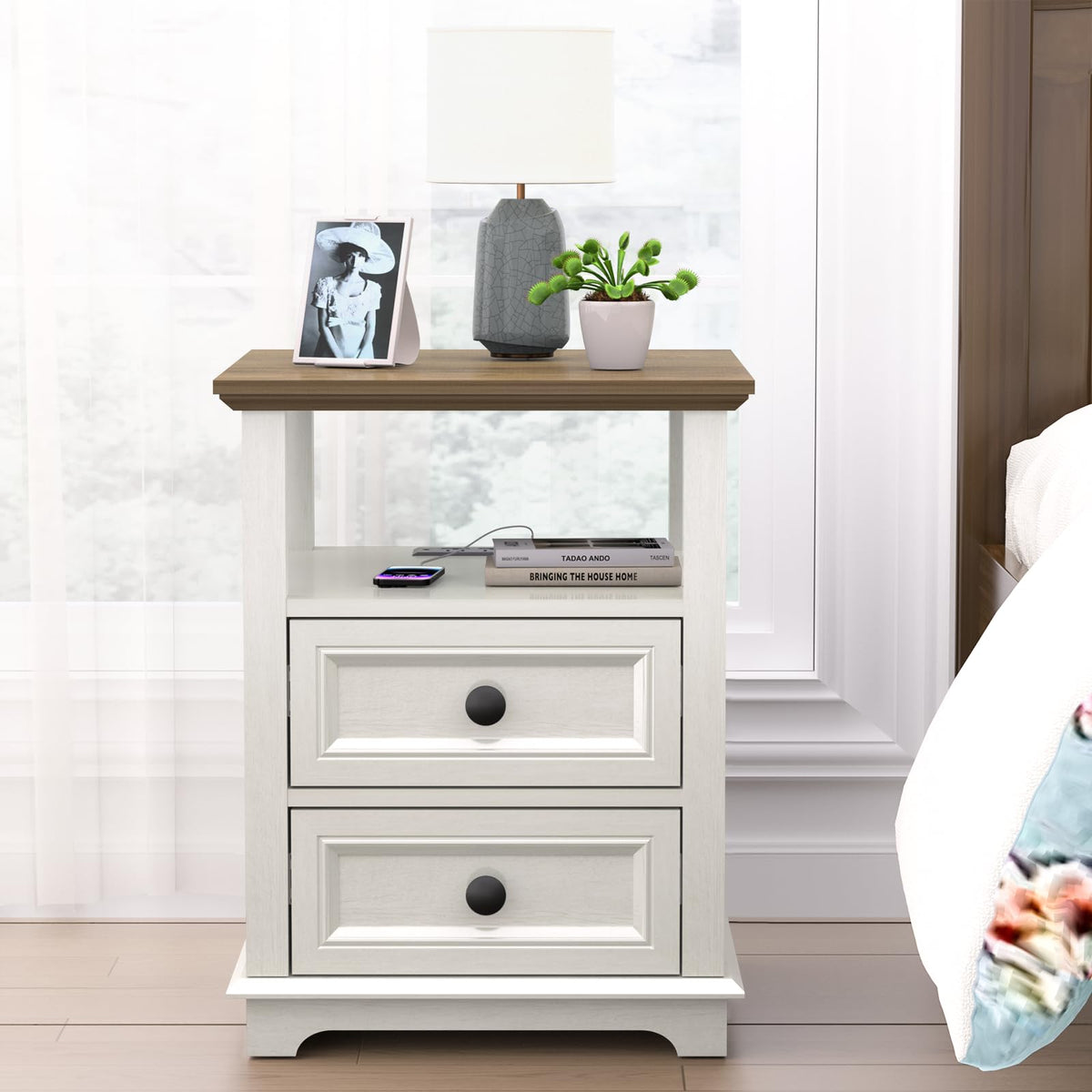REDAYFUR End Table with Fast USB C Charging Station, 18" Wide Tall Sofa Side Table with 2 Drawers, Large Storage Rustic Wood Square Storage Cabinet for Living Room,Bedroom,Office, White