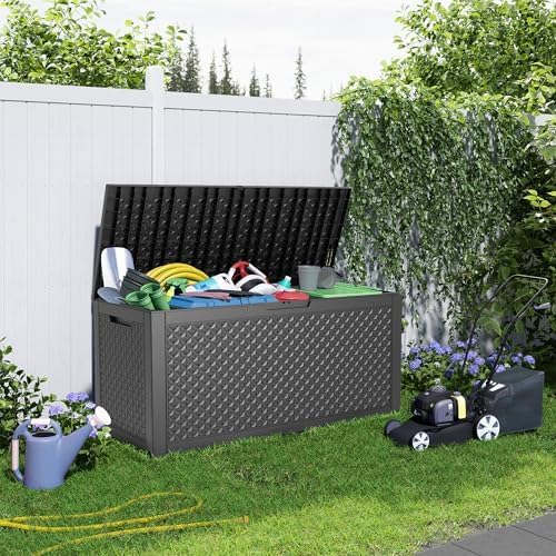 ROJIK Outdoor Storage Housing Deck Box - Waterproof Patio Furniture, Garden Tools, Cushions, Pool Accessories Storage Bench with Lockable Lid and Side Handles (Black,125 Gal)