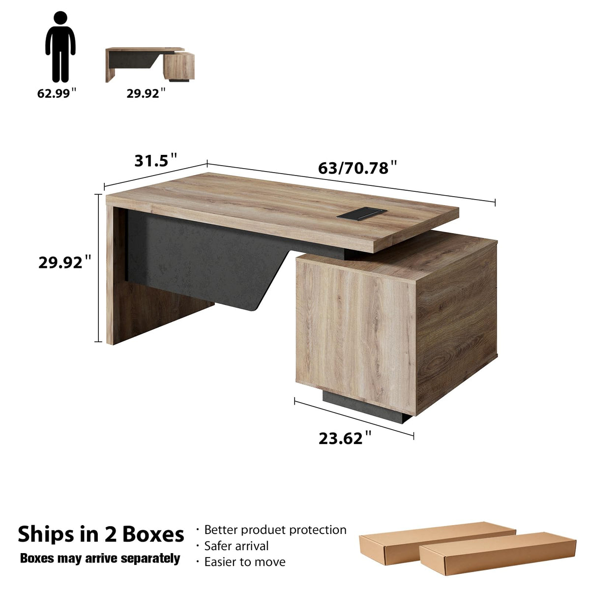 GT BLACK TURNSTONE Large Executive Desk 62.99" or 70.87", Modern Home Office Desk with 2 Drawers & Cable Management, Dual-Size Design Adapts to Any Layout for Home or Business (TH-X, Right)