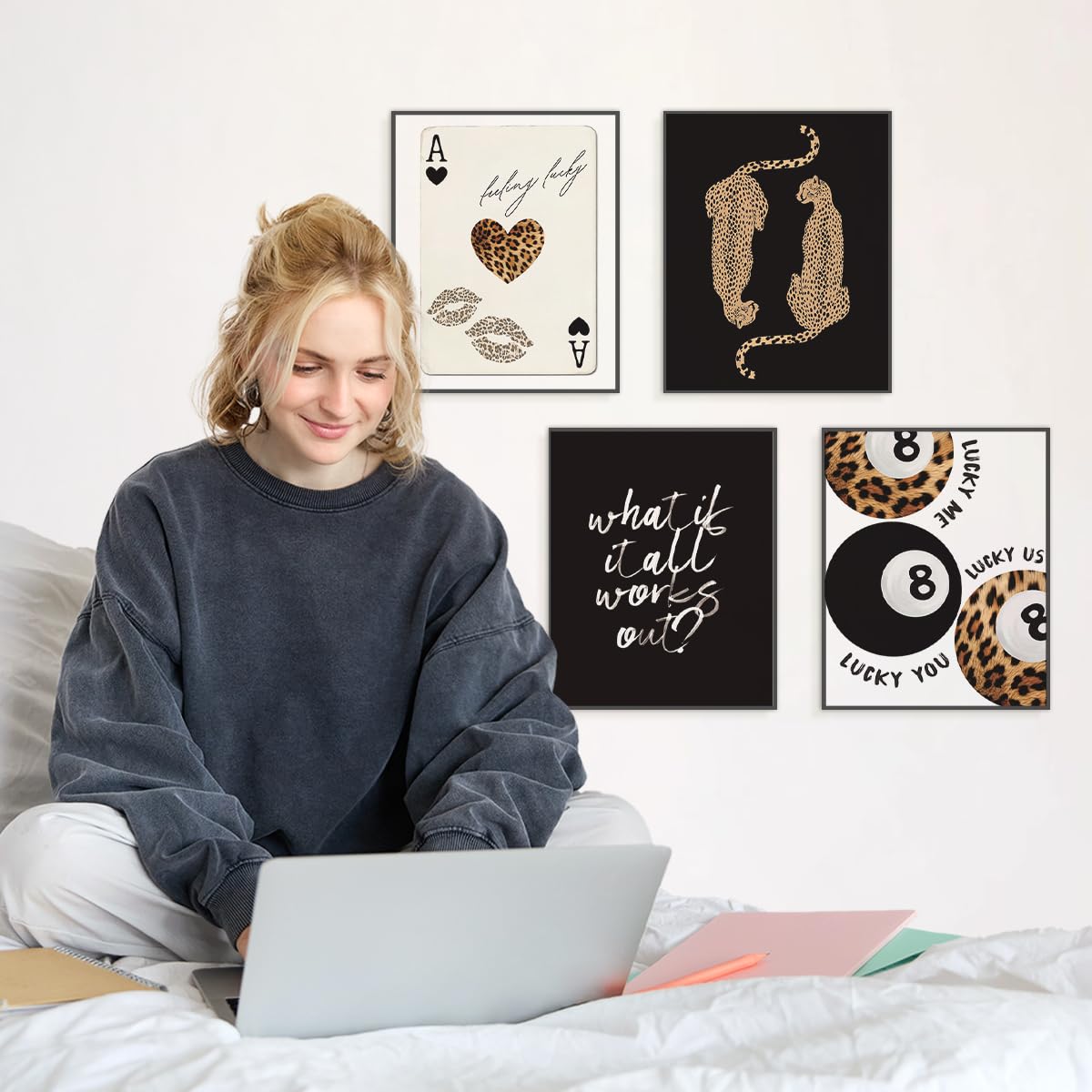 ETVISO Black Trendy Retro Y2K Cheetah Lucky 8 Ball Wall Art Prints Set of 4, Black Room Decor Aesthetic, What If It All Works Out Positive Affirmations Wall Decor for Girls Dorm Bedroom,8x10(Unframed)