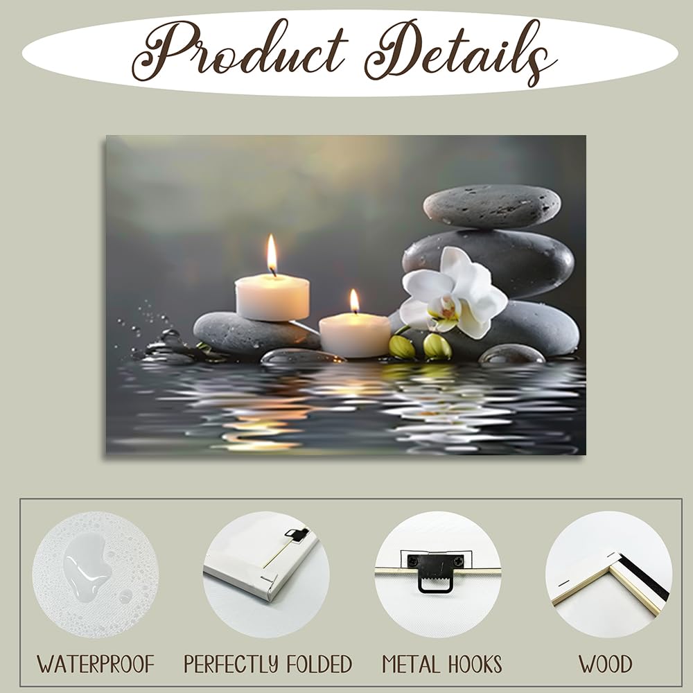 CGXLB Zen Stone Wall Art Candles & Orchid Painting Serene Water Decor for Spa Bathroom Bedroom Meditation Room 12"x18"