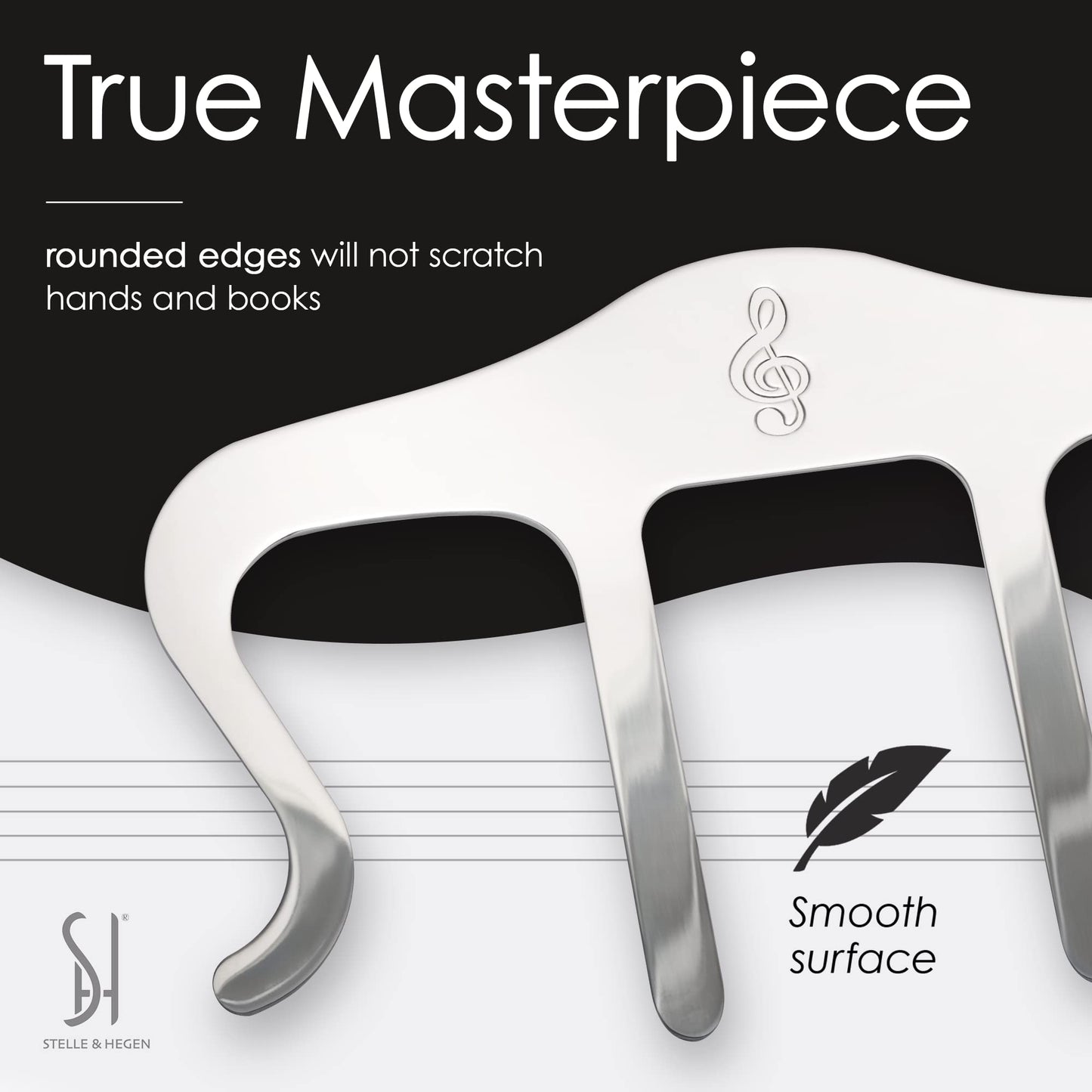 Stelle & Hegen Sheet Music Holder for Music Stand - Polished Stainless Steel Page Holder with Treble Clef Design for Piano Books (Classic Edition)