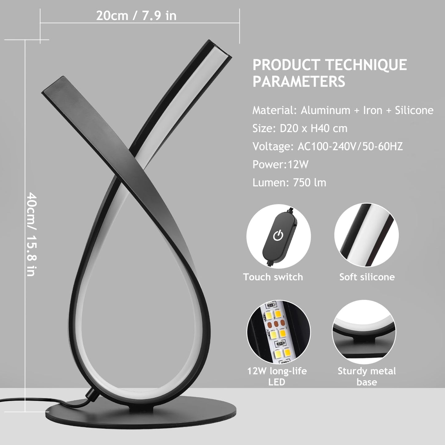 NUÜR Modern Table Lamp, Stepless Dimmable LED Spiral Lamp for Living Room, Contemporary Nightstand Lamp, Black Bedside Table Lamp for Bedroom, Home, Office