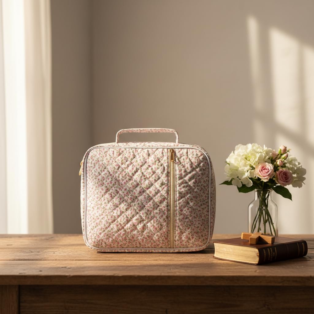 Bible Cover Case for Women,Bible Tote Bag Large Quilted Bible Cover Study Supplies Accessories with Durable Handle Carrying Case Christian Gifts for Girls (Mini Pink Flower)