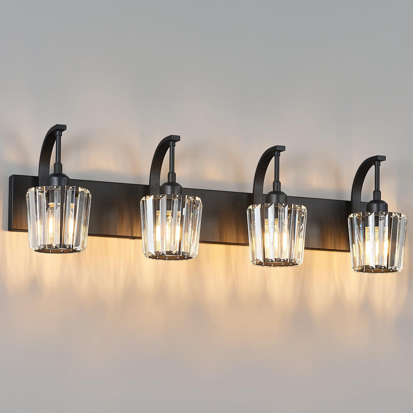 FDPBY Modern Bathroom Vanity Light, 4-Light Black Wall Sconce with Crystal Accents, Over Mirror Bathroom Lighting Fixture, 32.67" Long Dimmable Vanity Lamp for Makeup, Easy Installation