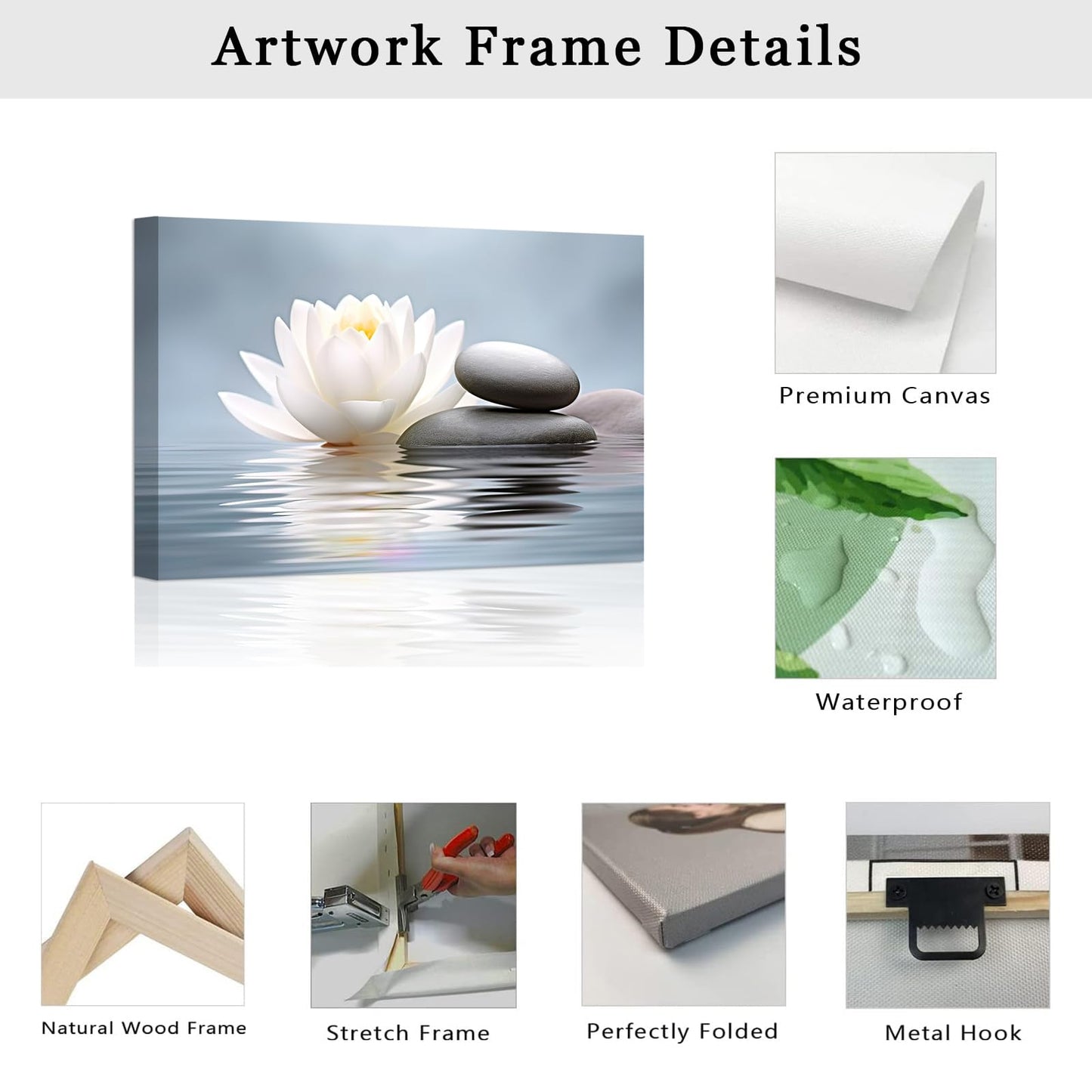 LZIMU Zen Wall Art Lotus Flowers Stones on Water Pictures Water Lily Canvas Prints Bathroom Decor Spa Artwork for Yoga Studio Meditation Spiritual Room Framed (Zen-1, 16.00"x24.00")