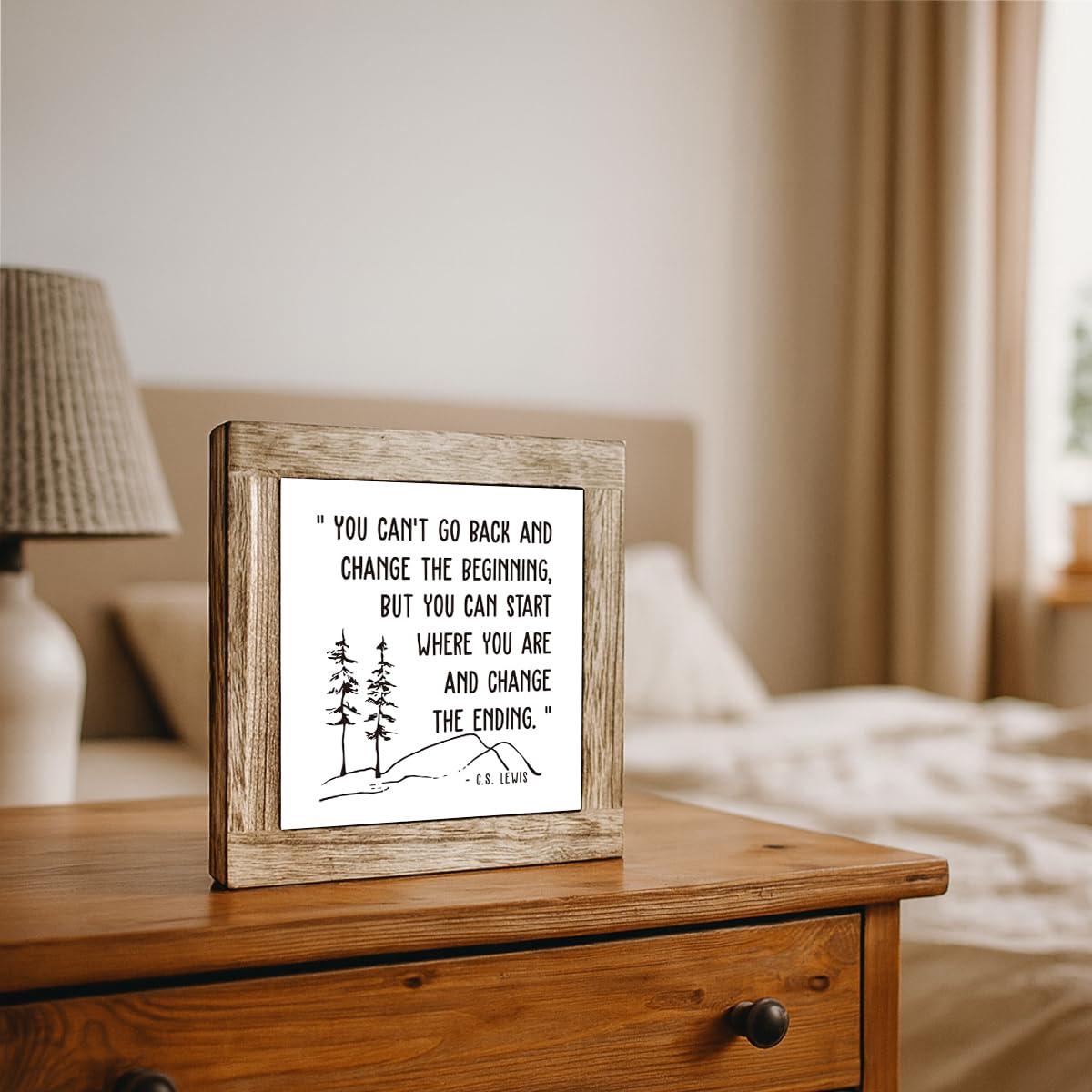 Inspirational Wooden Desk Decor Sign, You Can’t Go Back and Change the Beginning But You Can Start Where You Are and Change the Ending Quote, Motivational Farmhouse Tabletop Gift