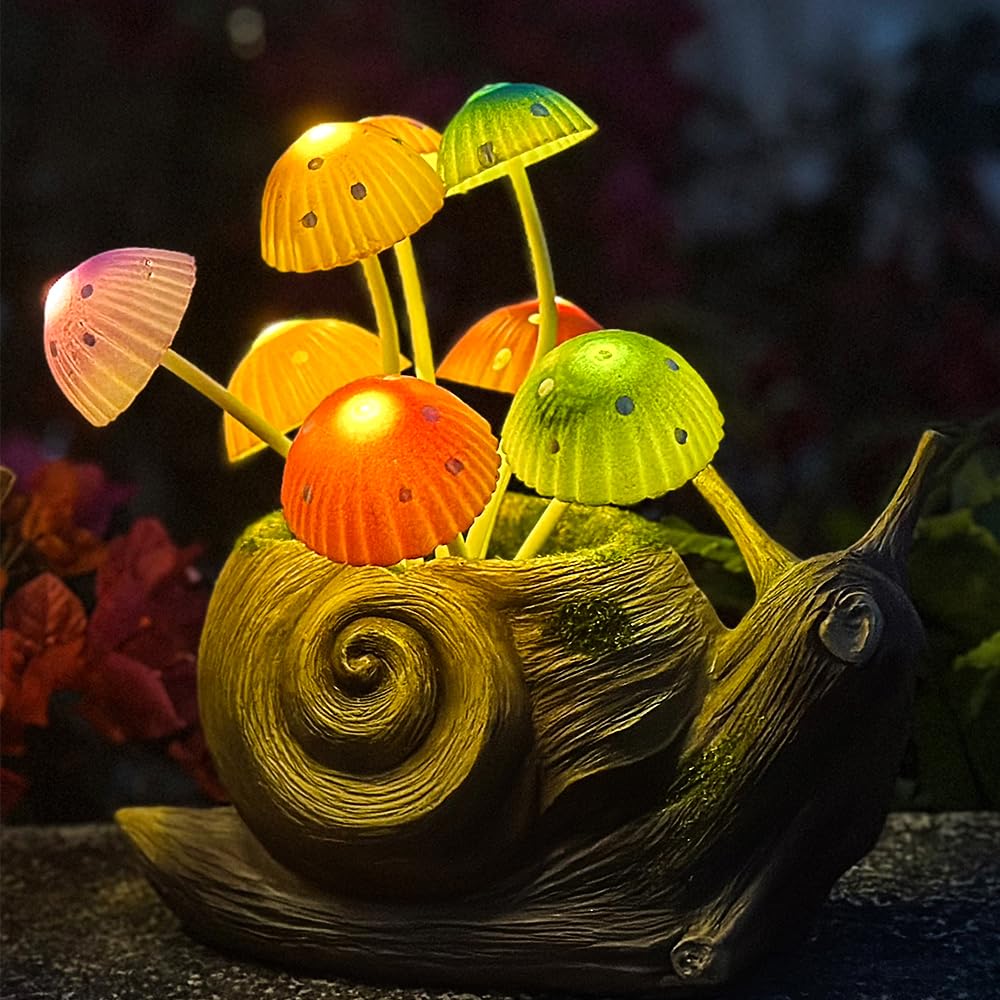 ZYLiWoo Solar Garden Snail Statue Gift, 1 Pack Solar Outside Snail Sculpture, Outdoor Patio Landscape Mushroom Decorative Art, Porch Deck Balcony Front Garden Decoration, Unique House Warming Gift