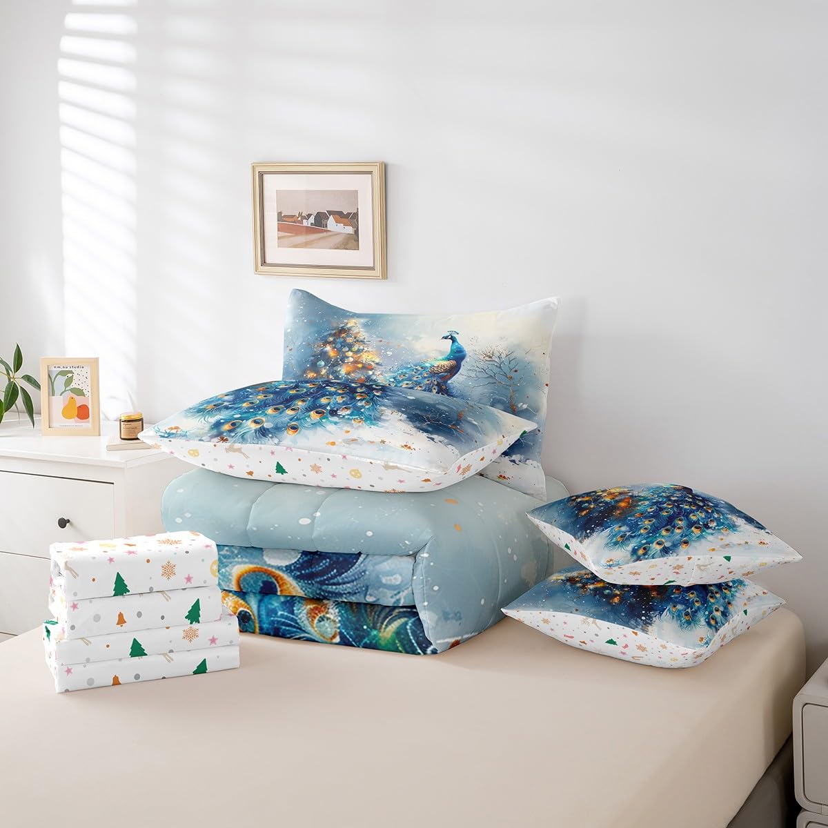 Manfei Xmas Peacock 7 Pieces Comforter Set Full,Wildlife Animal Snow Winter Bedding Set for Bedroom Decor,Merry Christmas(Comforter+Fitted+Flat Sheet+2 Pillowcases+2 Throw Pillow Covers)