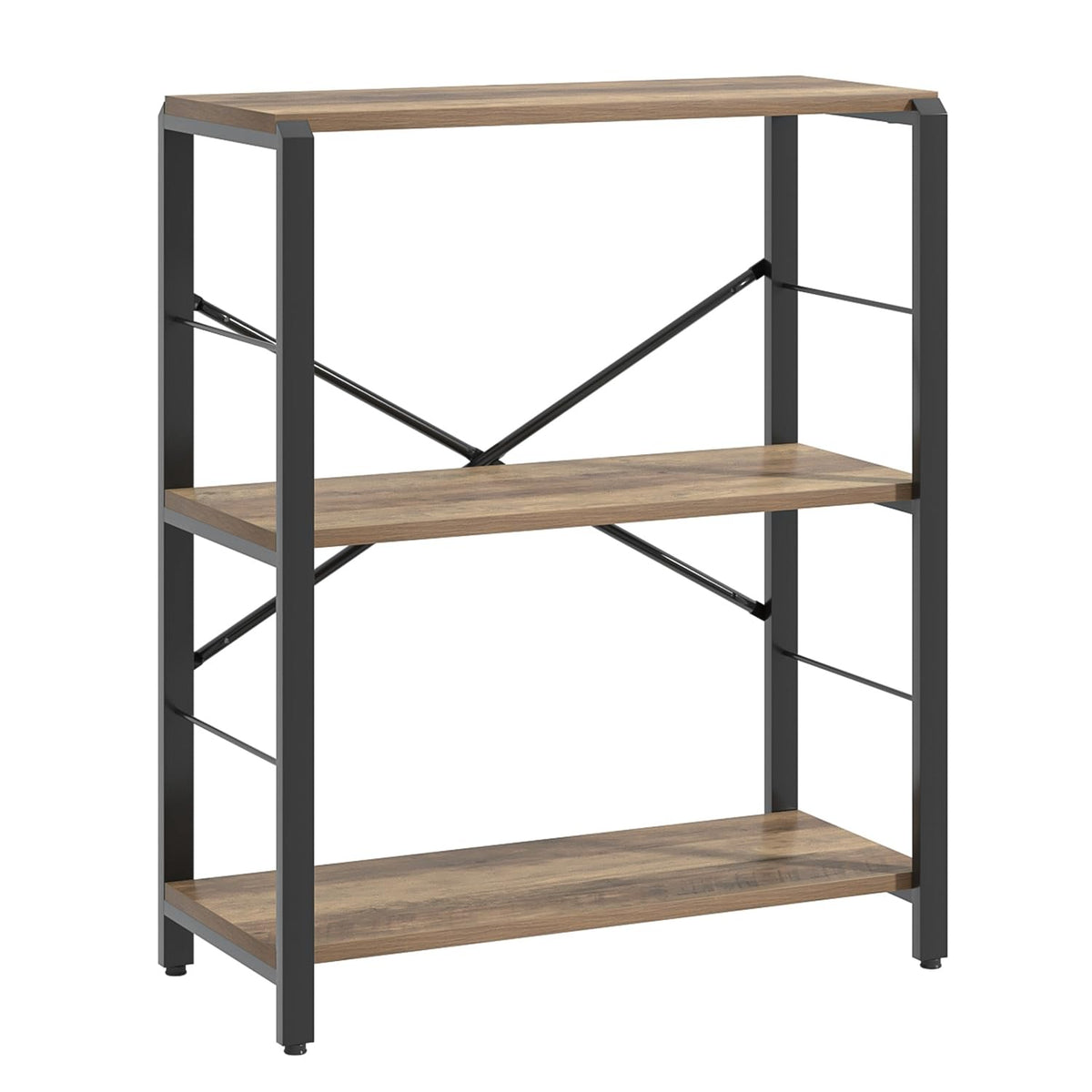 FOLUBAN Small Bookshelf, 3 Tier Open Book Shelf, Rustic Wood and Metal Shelving Unit for Small Space, Oak