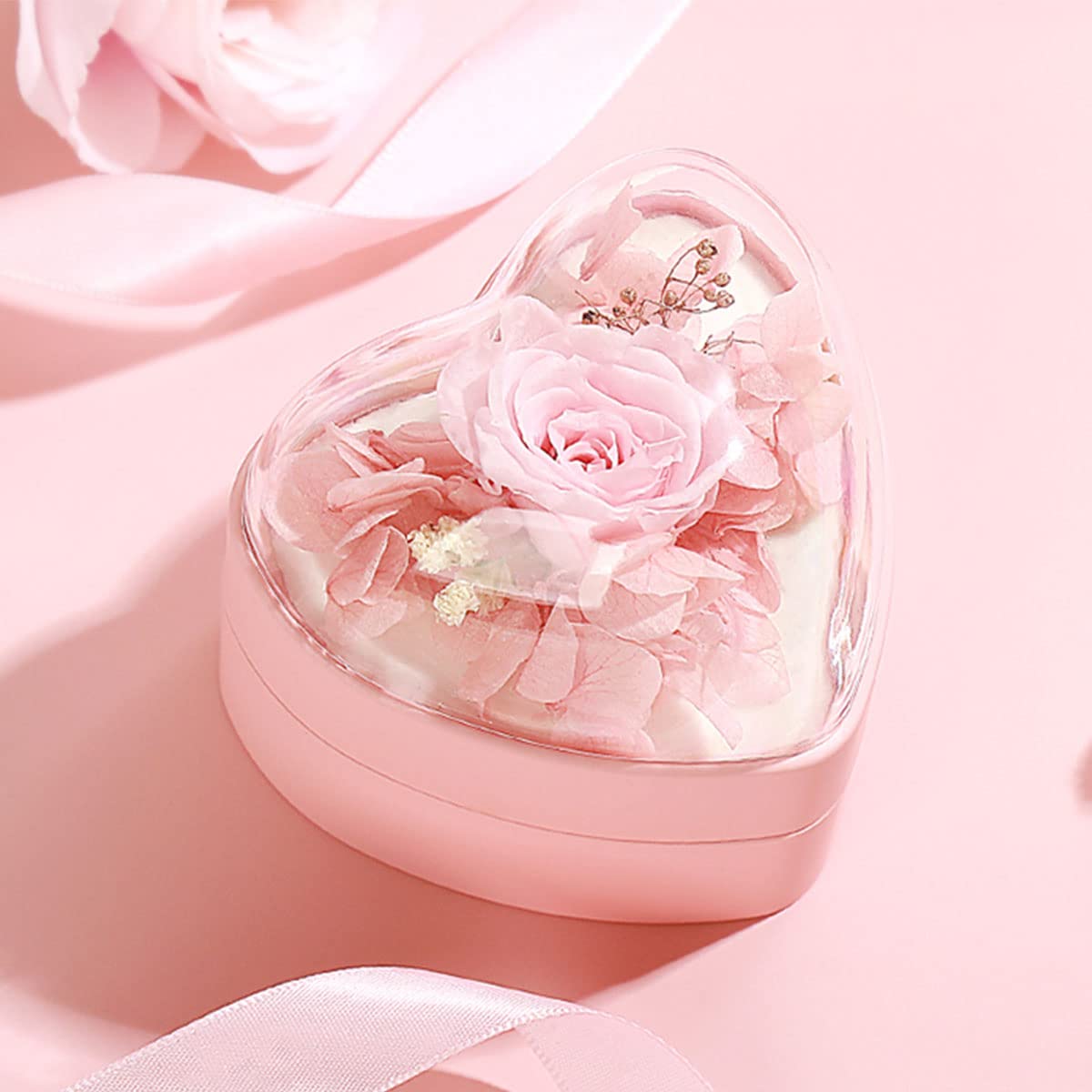 Hsiwto Preserved Flower Rose Ring Box, Heart Shape Velvet Jewelry Box for Valentine's Day Mother's Day Wedding Anniversary Birthday Gift, Pink