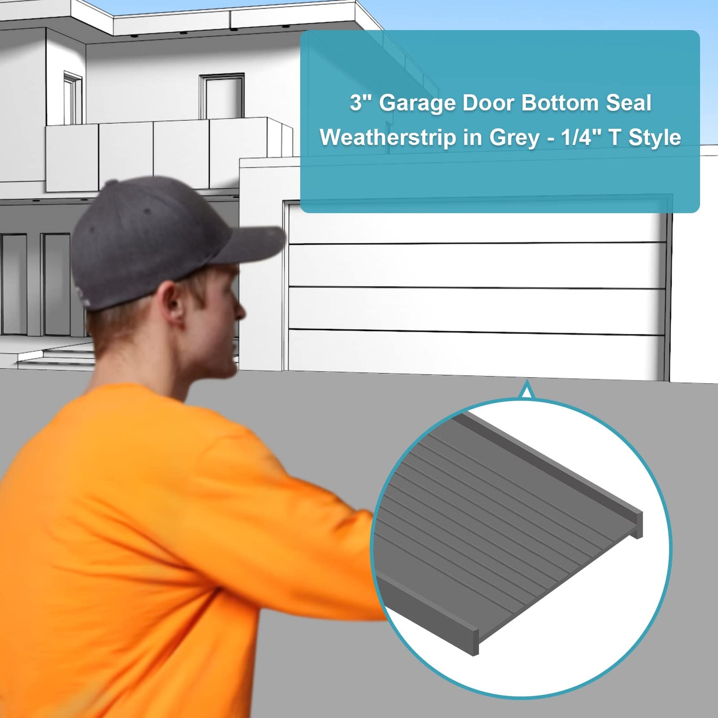3" Garage Door Bottom Seal Weatherstrip in Grey - 1/4" T Style - All Widths(16' Wide Door)