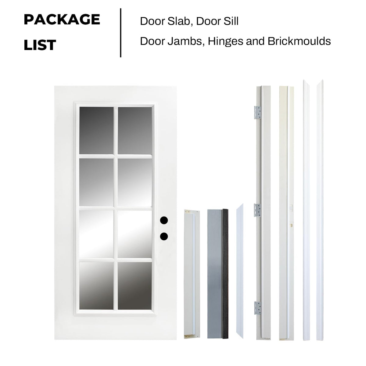 Fiberglass Exterior Front Door 36 x 80'', 8 Lite Low-E Glass Left-Hand Inswing Woodgrain Primed Knock-Down Entry Door with 4-9/16'' Brickmould and Vinyl Frame Included