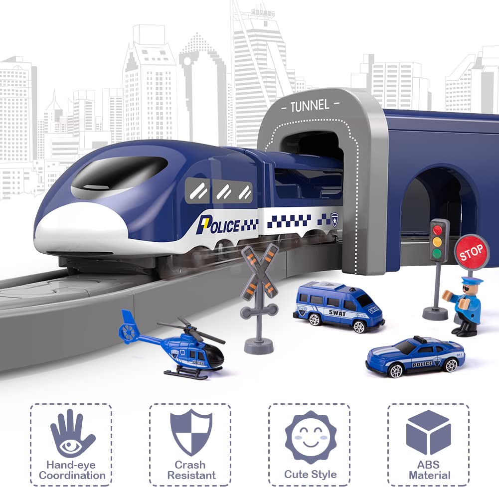 XIAPIA Railway Learning Educational Toys, Train Sets for Kids Boys Girls Age 3 Years Up, 66 Pcs Electric Track Accessories Car Set Christmas Xmas New Year Gifts (blue police)