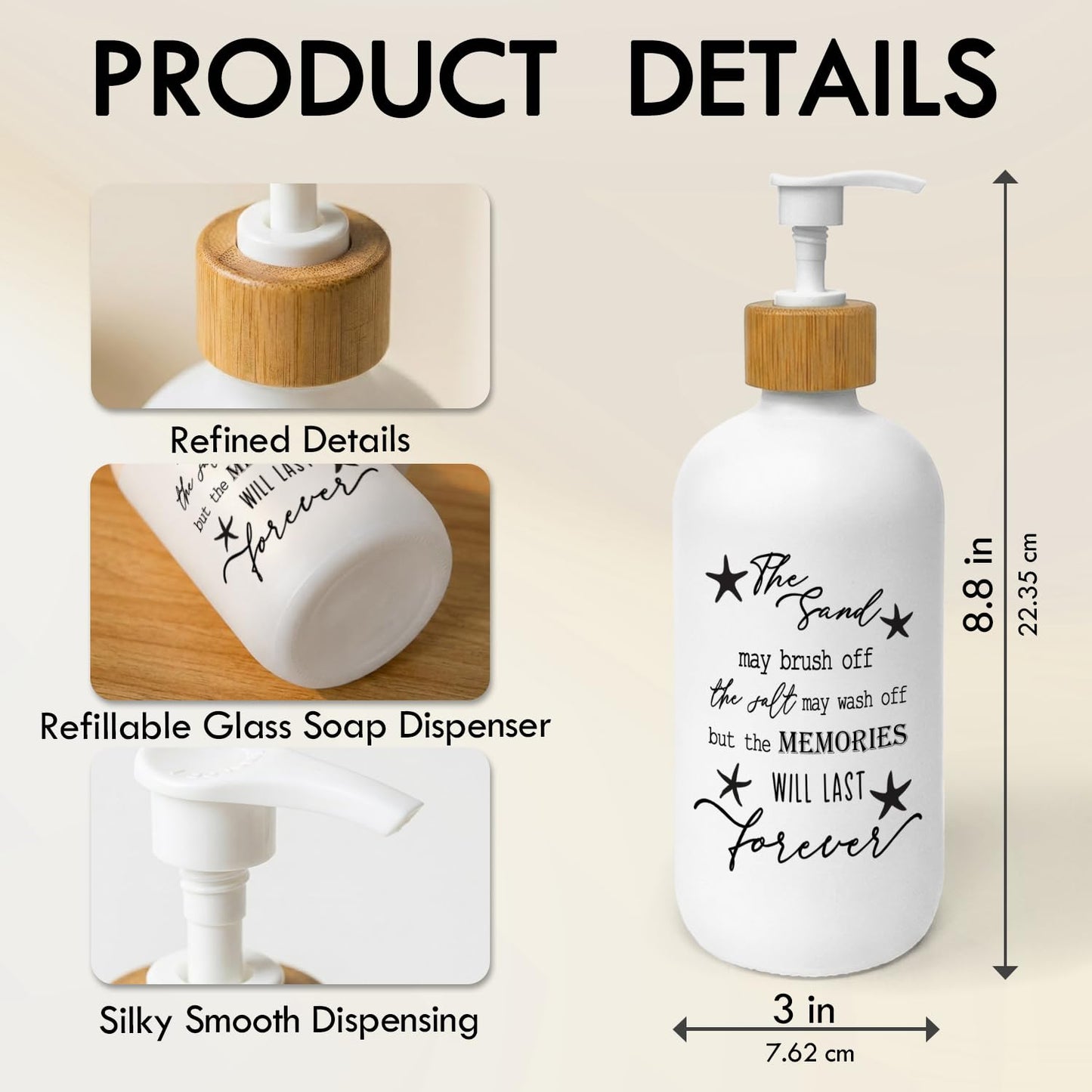 ChissNook Coastal Beach Soap Dispenser, The Sand May Brush Off the Salt May Wash Away Glass Dish Soap Dispenser with Pump for Kitchen, Ocean Decor Bathroom Countertop Handsoap Refillable Container