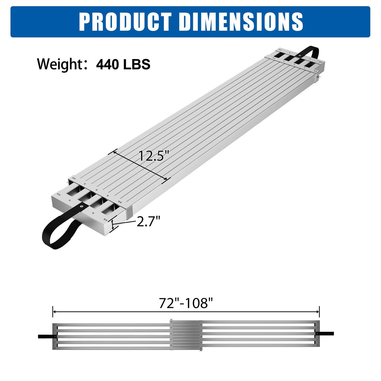 6-9ft Telescoping Plank, Aluminum Work Plank, 440 Lbs Load Capacity Extension Scaffolding Plank with Skid-Proof Platform Scaffold Ladder Accessory, 12.5 Inch Width, Silver