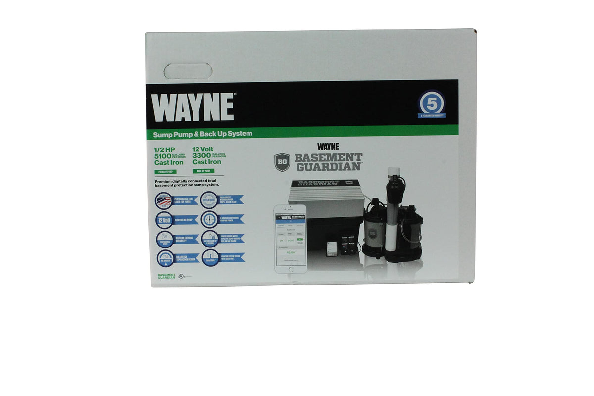 WAYNE BGSP50 1/2 HP Basement Guardian Dual Sump Pump System – Primary & Battery Backup Ready, Smart Monitoring, 5,100 GPH, Cast Iron, 5-Year Warranty