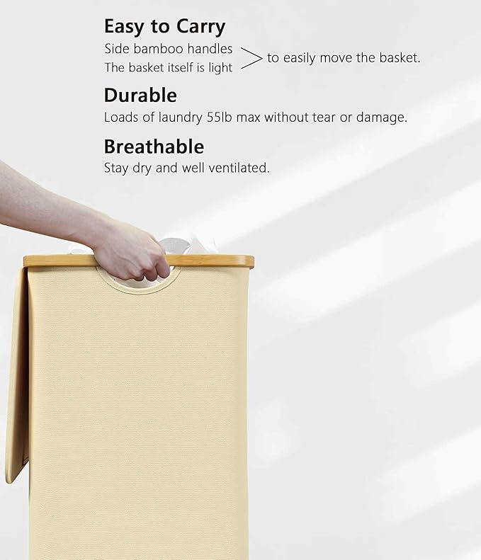SUOCO Laundry Hamper with Lid, 29 Gal Clothes Basket with Bamboo Handles