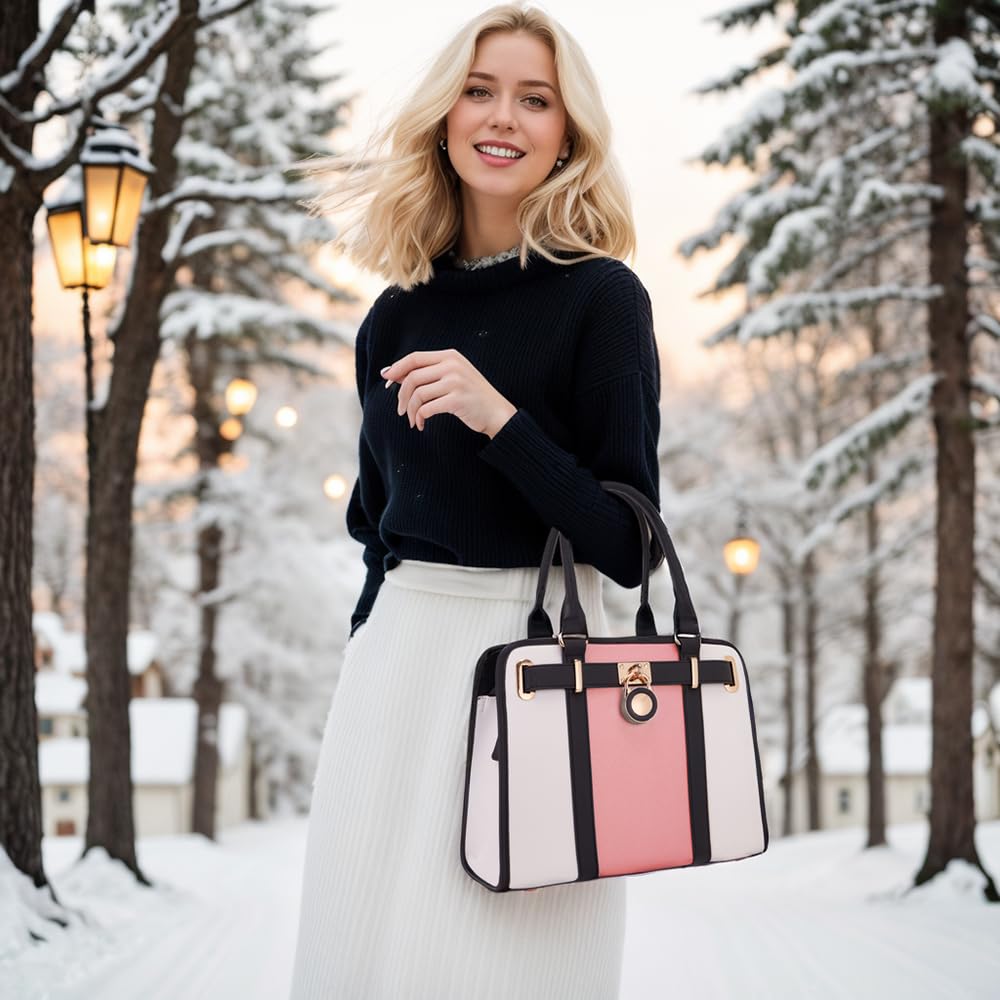 Handbags Sets For Women Shoulder Bags Top Handle Work Satchel Tote Purses Set With Matching Wallet 2pcs WhitePink