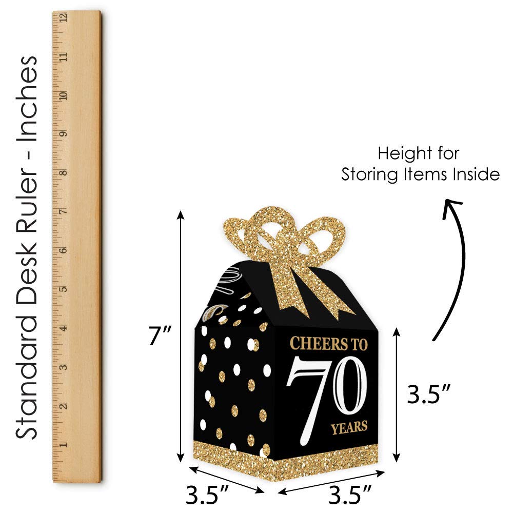 Big Dot of Happiness 70th Birthday Party Favor Gift Boxes - Elegant Gold Square Design with 3D Bow Top - Premium Cardstock Party Supplies for Milestone Celebration, Bow Boxes, Set of 12 Decorative Boxes - 70 Years