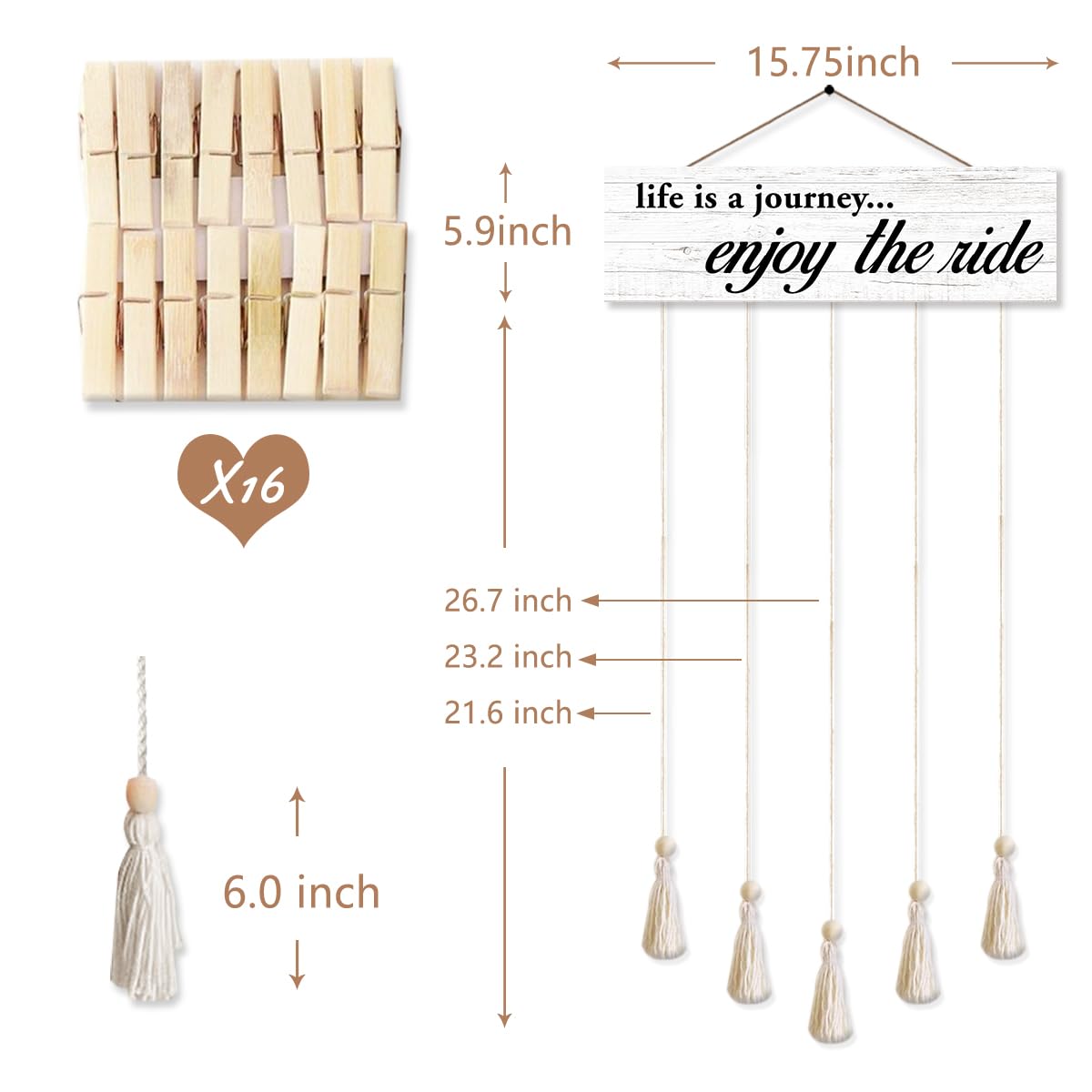 Gwisml Hanging Photo Display with 16 Clips 5 Strings,Rustic Style Picture Collage Frames Wall Decor Wood Hanging for Home Living Room Décor,Housewarming Gifts,Life is A Journey Enjoy The Ride