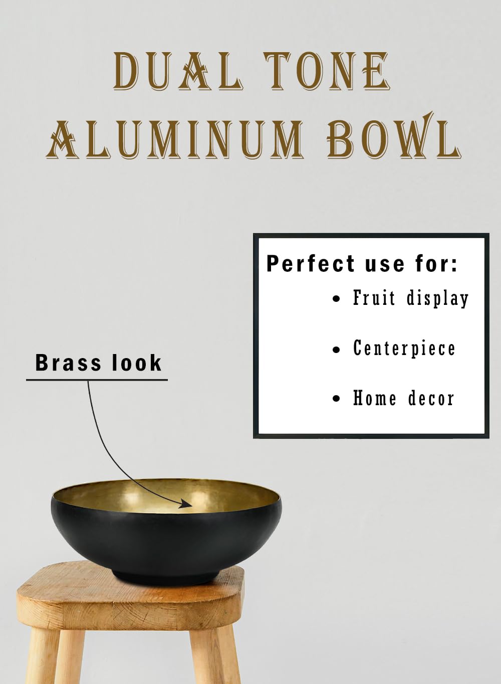 Serene Spaces Living Dual-Tone Black & Gold Aluminum Bowl with Brass Look, Elegant Décor for Fruit Display, Centerpiece, Modern Accent for Home & Events