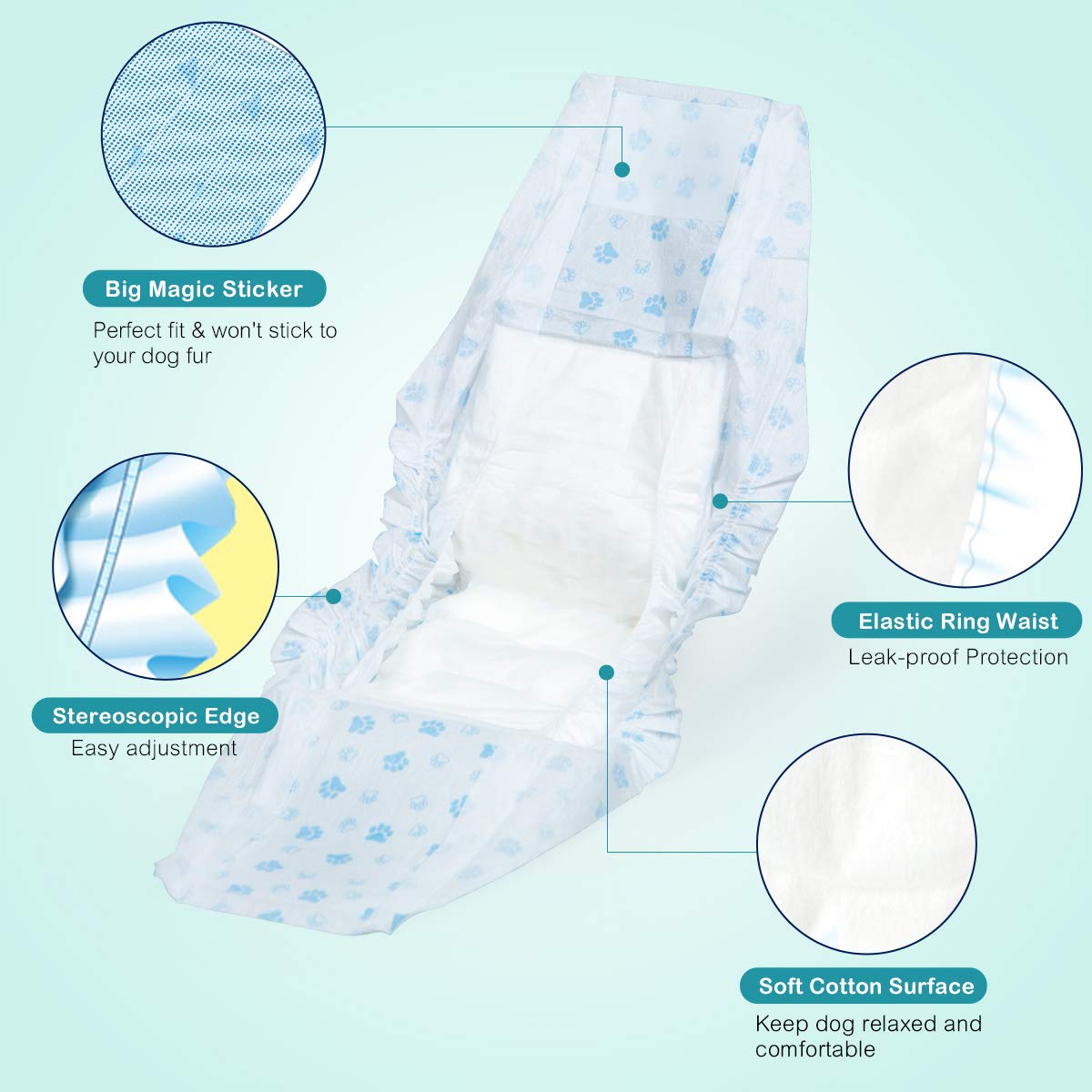 Flying Paws Male Dog Nappies, M-22 Disposable Dog Wraps for Puppy Incontinence Super Absorbent Male Wraps, Soft Cotton, Stereoscopic Edge Fit for Potty Training, Travel