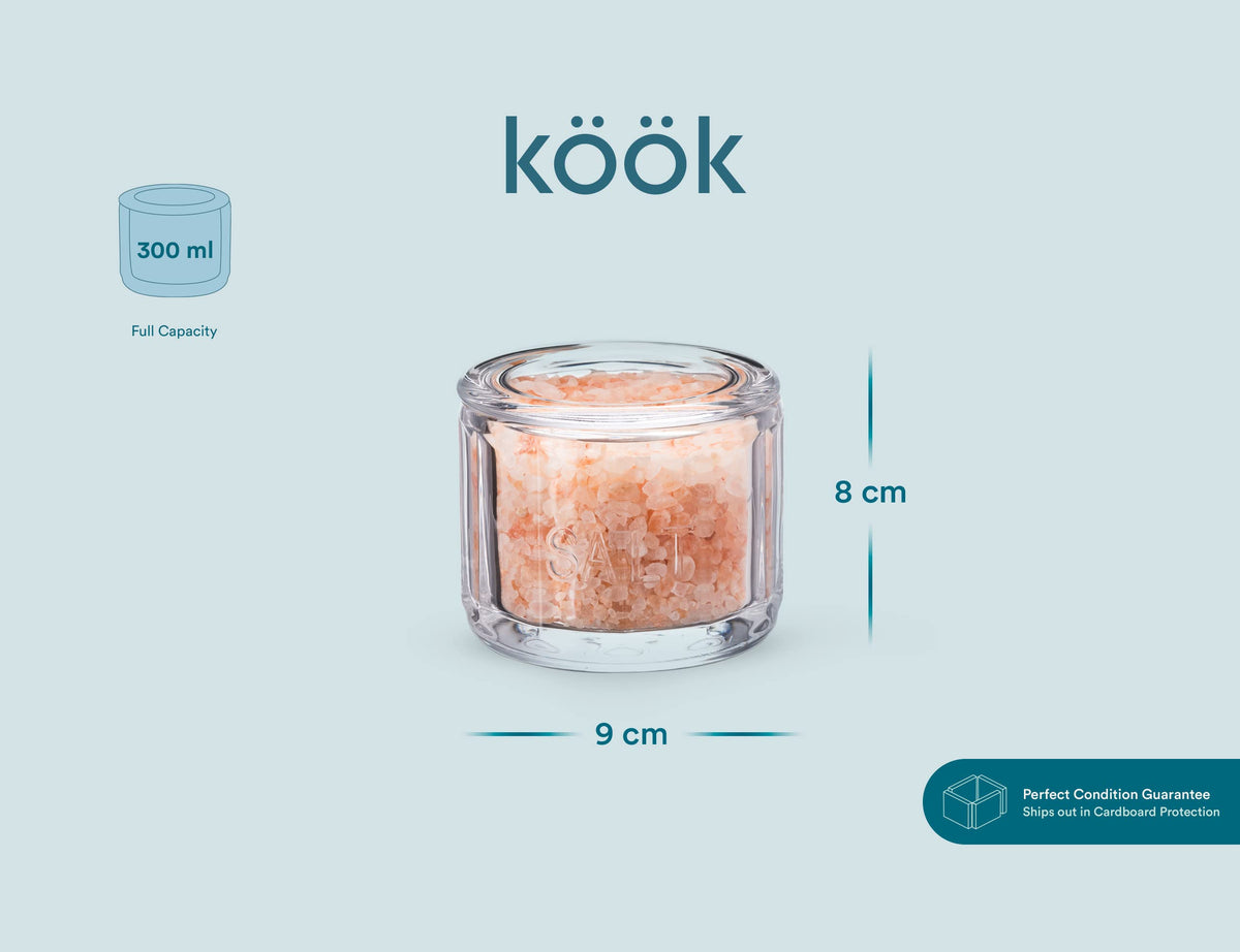 KooK Glass Salt Cellar, with Lid, Embossed Pressed Glass, Clear Storage Container, for Coffee, Sugar, Spices and Candies, Dishwasher Safe, 10 oz (Clear)