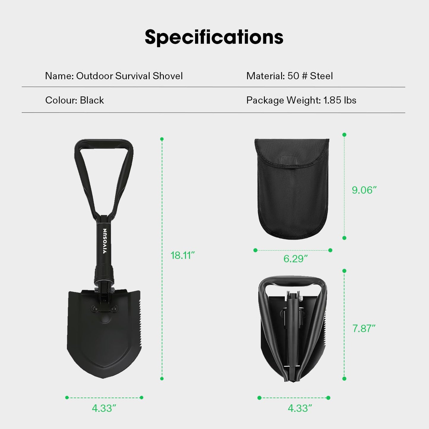 VIVOSUN Folding Camping Shovel, 18'' Survival Shovel, Portable Small Shovel with High Carbon Steel, Tactical Entrenching Tool for Hiking, Digging, Backpacking, Gardening, Off Road, Beach