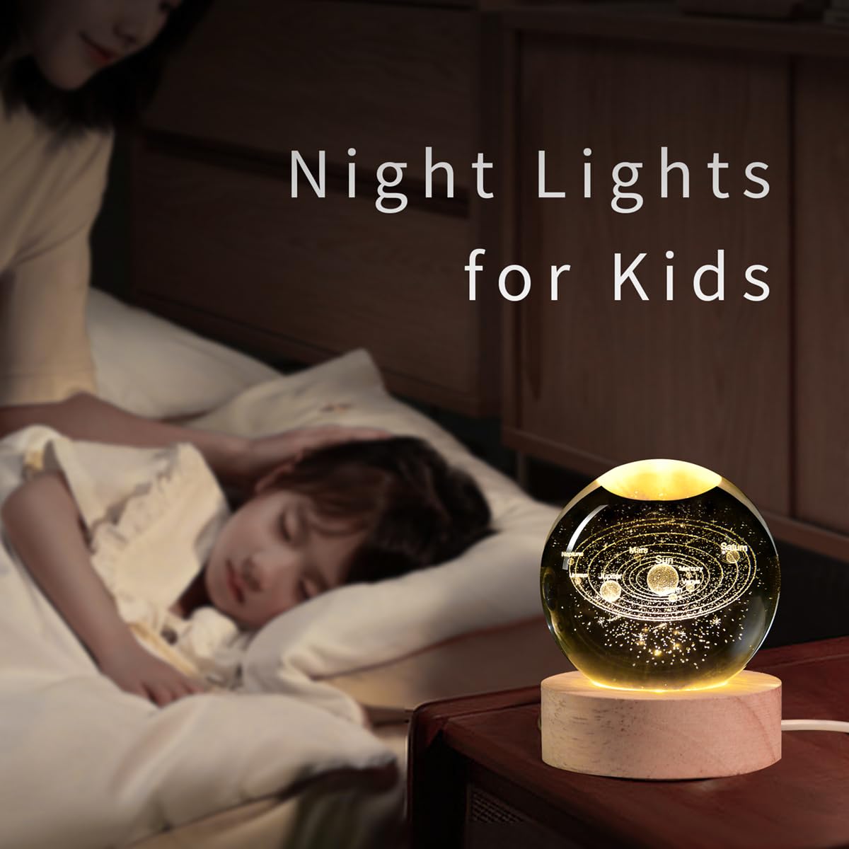 QIANCHANG Solar System 3D Crystal Ball with LED Stand, 60mm Galaxy Model Decor Glass Sphere Lamp Night Light, Space Universe Astronomy Gifts for Women Men Mom Kids