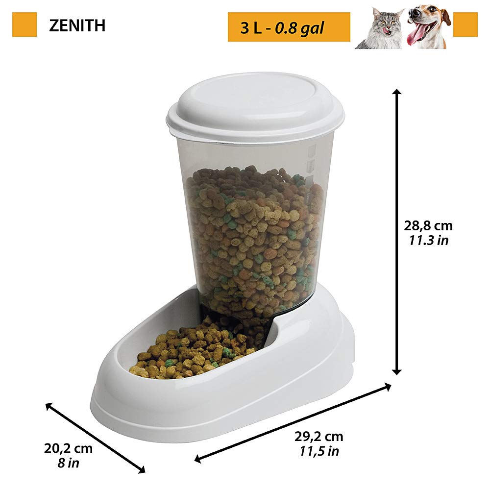 Ferplast Dry food dispenser for dogs and cats 3 Liter ZENITH Practical pet feeder food dispenser biscuits for animals, Transparent tank with lid, Non-slip bottom, 20,2 x 29,2 x h 28,8 cm White