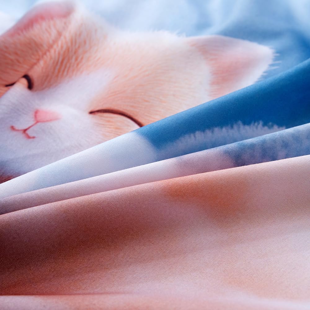 KWLOVER 2PC Soft Bed Fitted Sheet and Pillowcases Set,3D Cute Cats Pattern Printed Bed Sheets for Kids Boys Girls Twin Size Bed (Blue Cats, Twin)