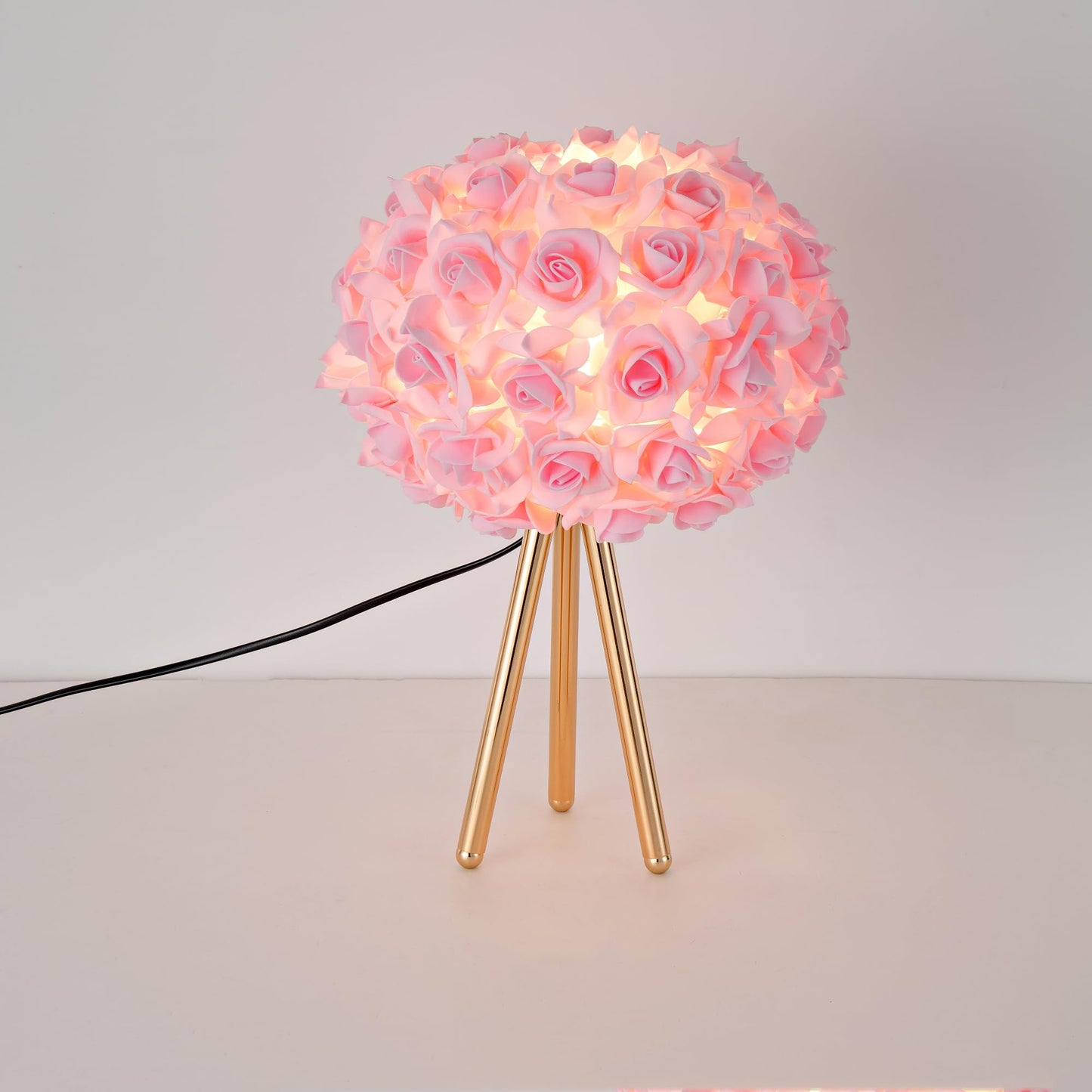 ZYLEISENBAO Pink Rose Flower Lamp Cute Table Lamp Modern Bedside Lamp Romantic Nighstand Light for Girl Princess Gold Tripod for Bedroom Living Room Entry Office Wedding Decoration Gift