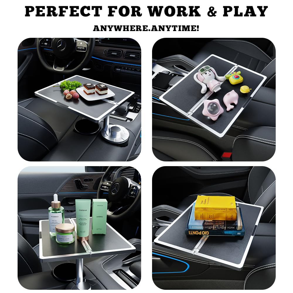 Flodable Car Desk Tray for Laptop, 360° Rotating Leather Cup Holder Table, Car Tray laptop Desk Replace Steering Wheel tray, for Tesla Model Y/3/S, Ford F150 Car Accessries for Men Women