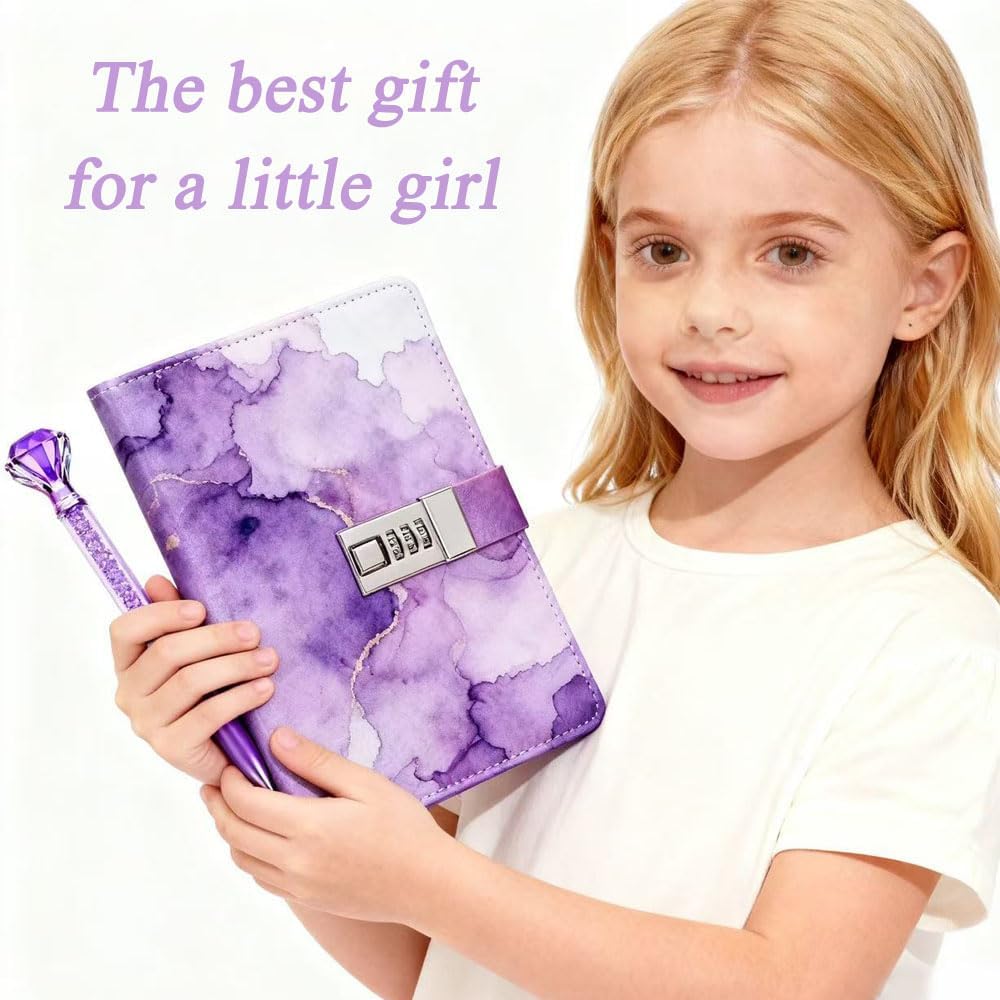 Diary with Lock for Girls, Password Notebook with Pen and Bookmark, Locked Journals for Teenage, Secret Diary Birthday Gifts for Girl Planner Notebook Kit (Purple)