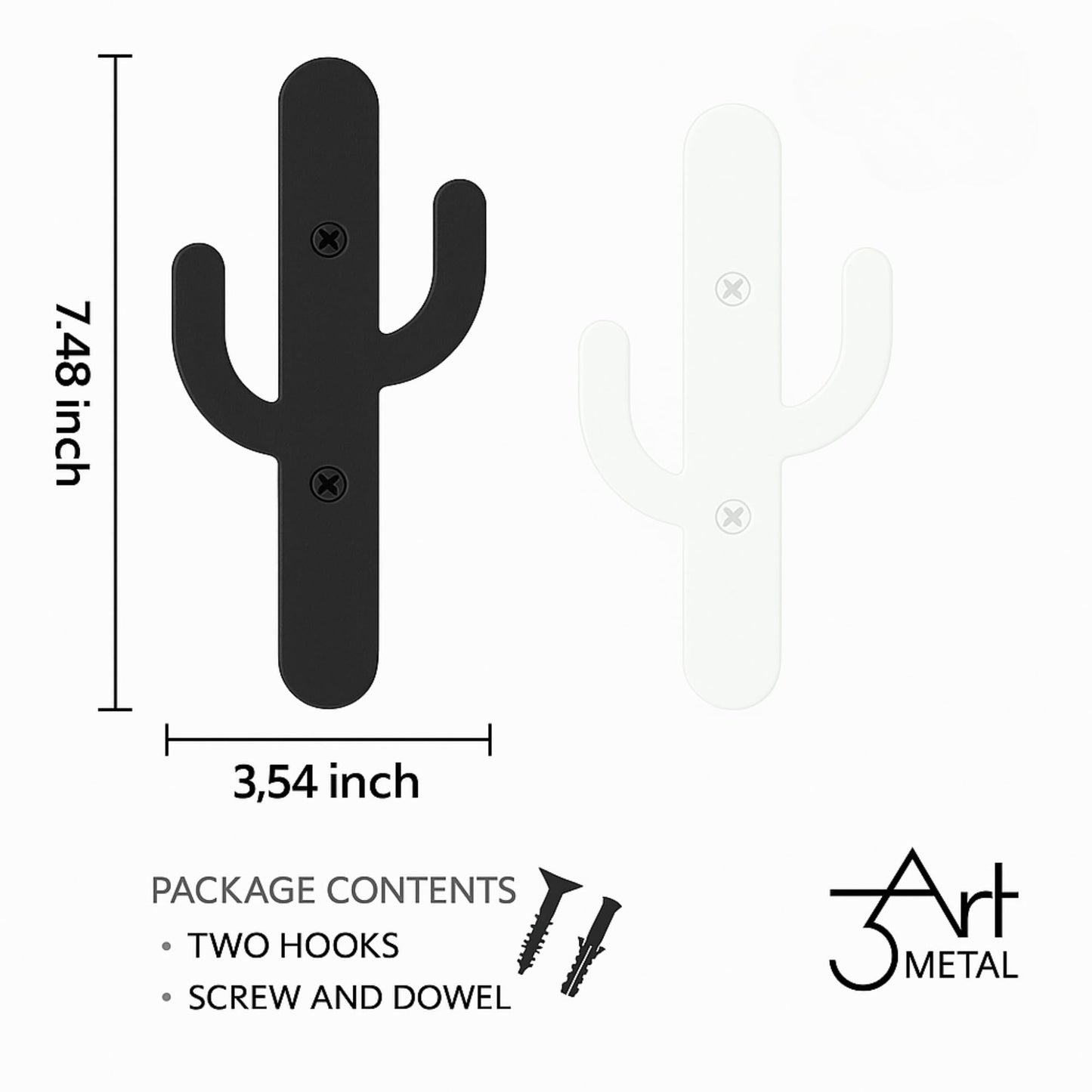 3Art Metal Cactus Wall Hooks Set of 2 β Black & White Minimal Metal Hangers β Decorative Wall Rack for Entryway, Bathroom, Kitchen, Modern Minimalist Decor