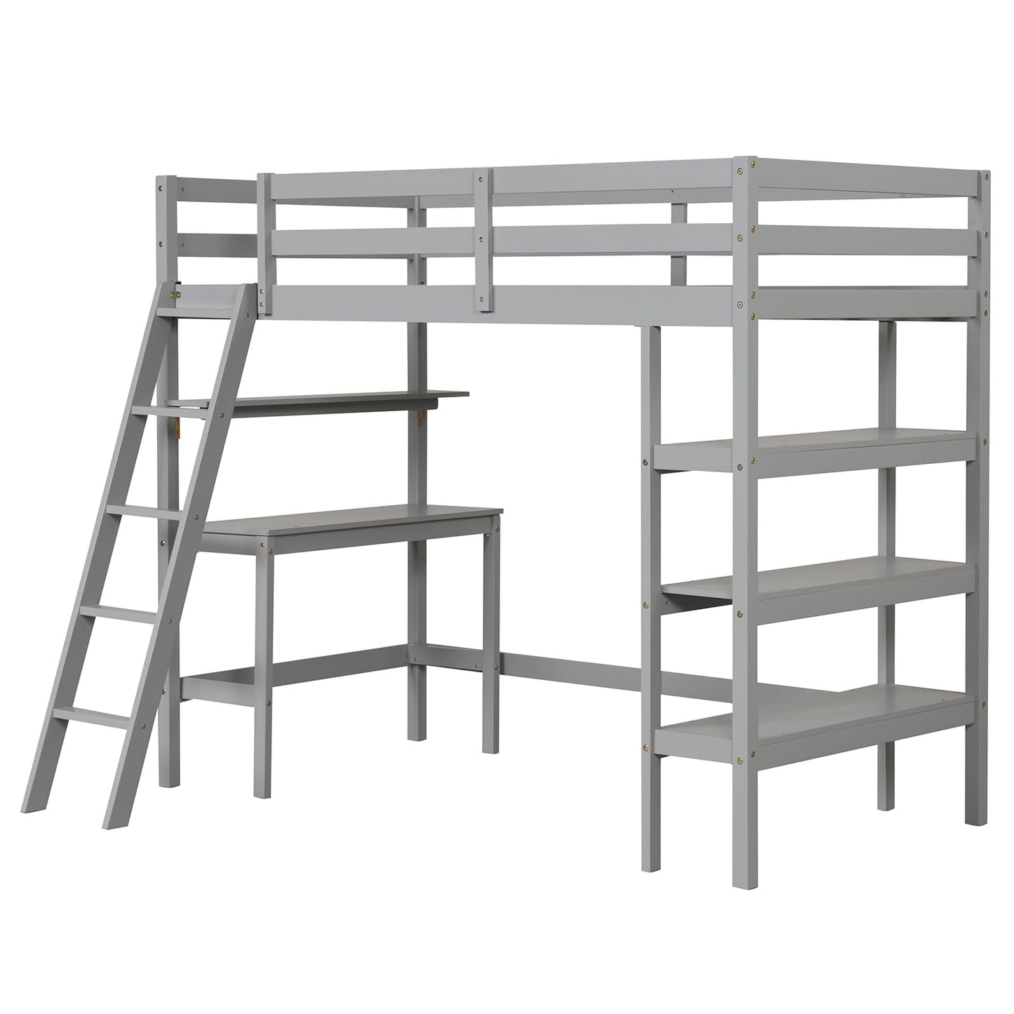 KOTEK Twin Loft Bed with Desk & Storage Shelves, Solid Wood Loft Bed Frame with Bookcase, Ladder, Guardrails, Twin Size Loft Bed for Kids, Teens, Drom, Apartment (Grey)