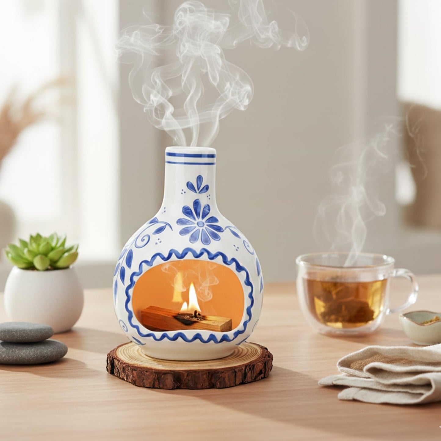 Ceramic Incense Holder–Handcrafted Palo Santo Holder with Chimney, Incense Burner with Ash Catcher for Sage, Cone Burning and Tealight, Perfect for Meditation, Yoga and Aromatherapy for Women