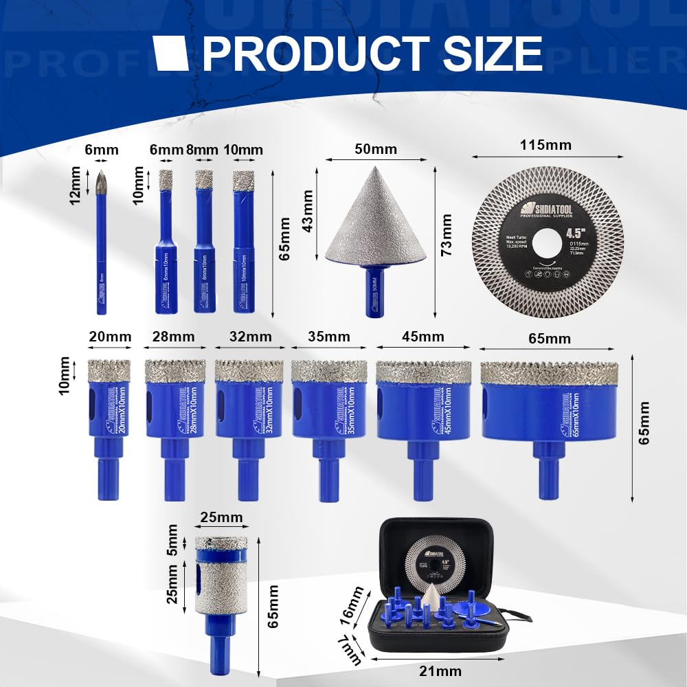 SHDIATOOL Diamond Drill Bits Kit - Core Bits Hole Saw Sets,Mould Guide for Drilling Porcelain Tile Marble Ceramic Granite with Hollow EVA Guide Jig 13pcs(6/8/10/20/28/32/35/45/65/25MM/2in+4.5in+6mm)