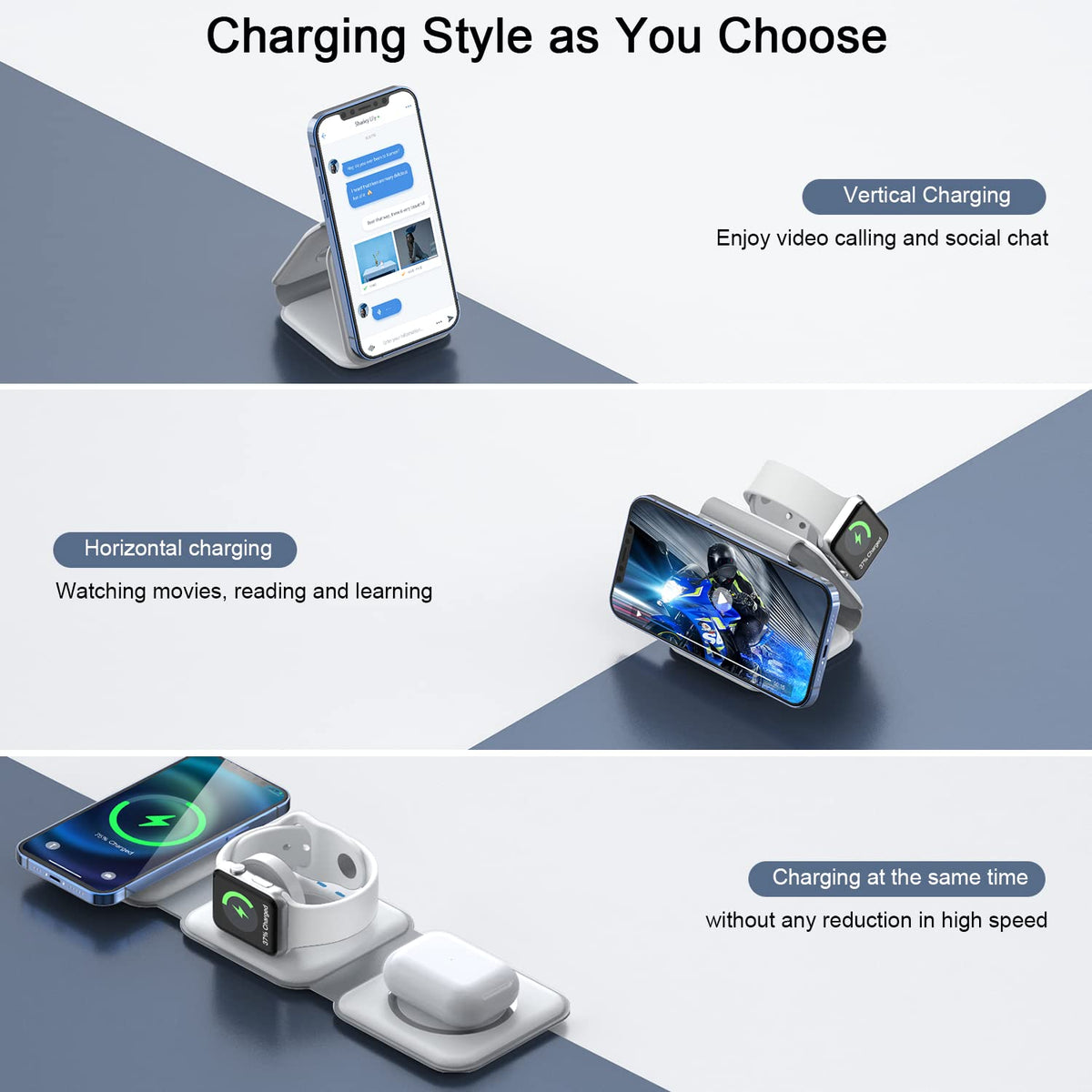 Wireless Charger 3 in 1,RTOPS Magnetic Travel Wireless Charging Station Multiple Devices,GaN 3 in 1 Charging Station,Compatible for iPhone16/15/14/13/Pro/Max,iWatch,AirPods4/3/2/Pro(Adapter Includes)