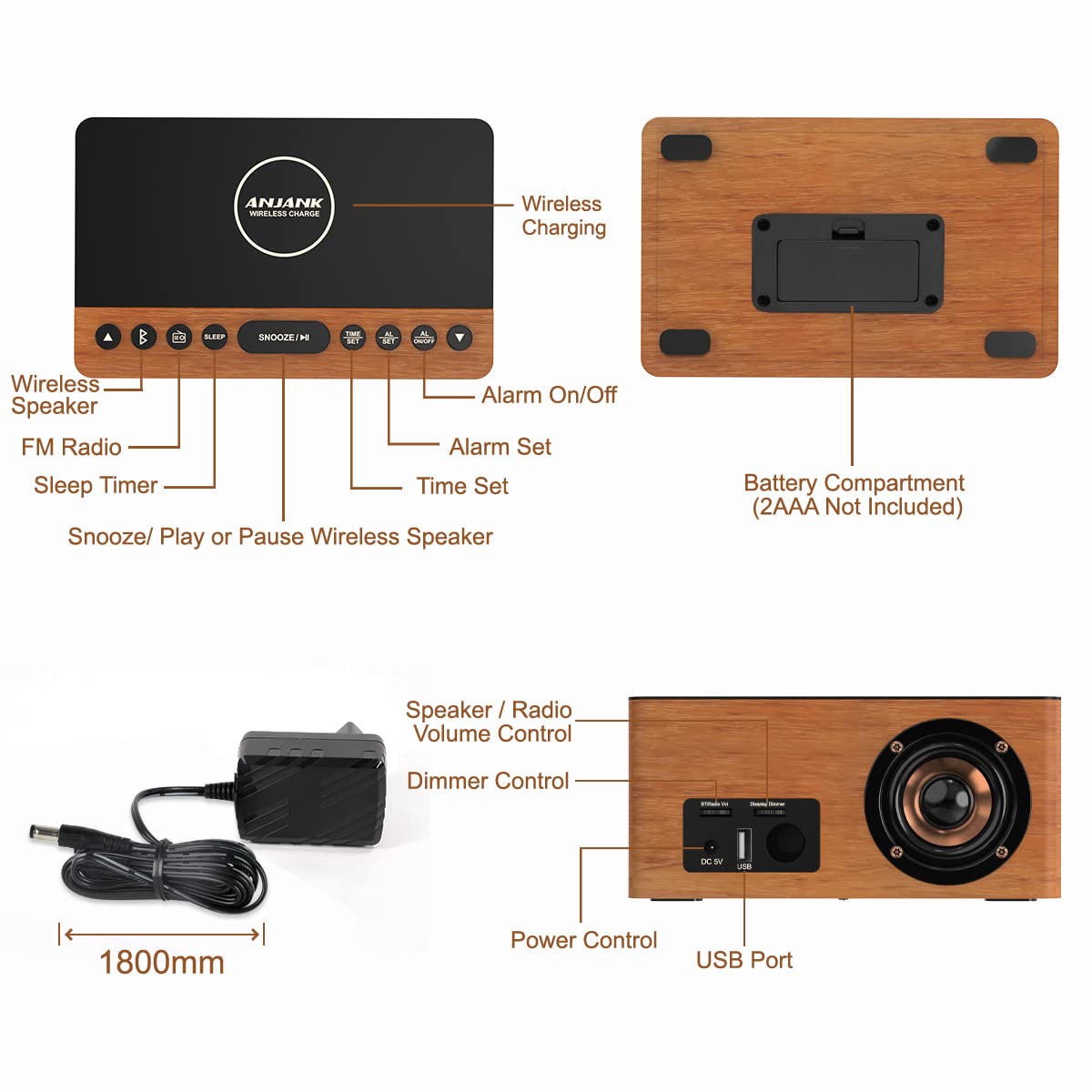 ANJANK Wooden Bluetooth Speaker, Alarm Clock with FM Radio, Qi Certified Fast Wireless Charging Station for iPhone/Samsung, USB Charger Port, Dimmable Display, Digital Wood Clock for Bedroom, Bedside