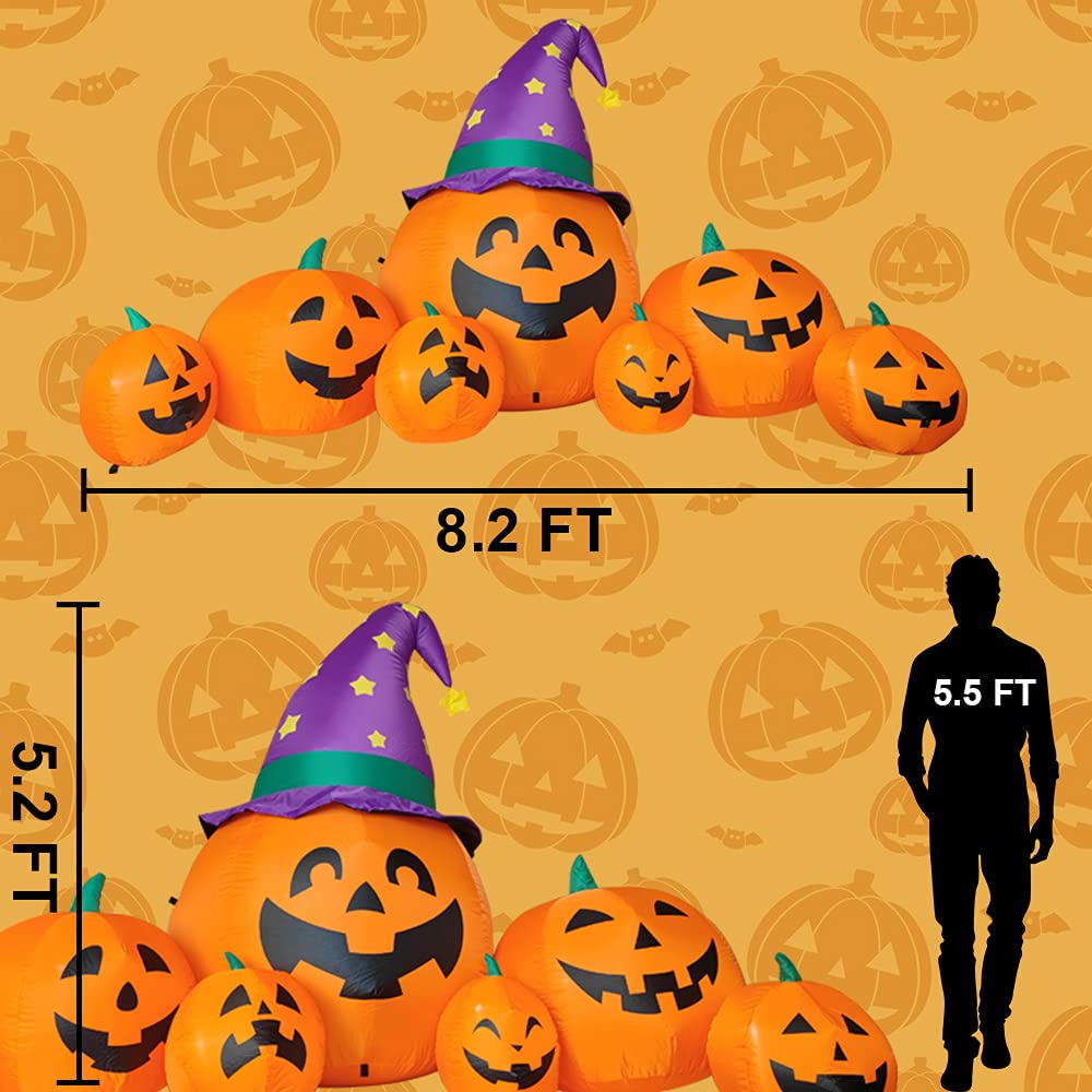 Poptrend Inflatable Halloween Decorations,8.2 FT Inflatable 7 Pumpkins Wearing Witch Hats Outdoor Halloween Blow Up Yard Decorations Internal LED Lights Holiday Decorations Home Garden