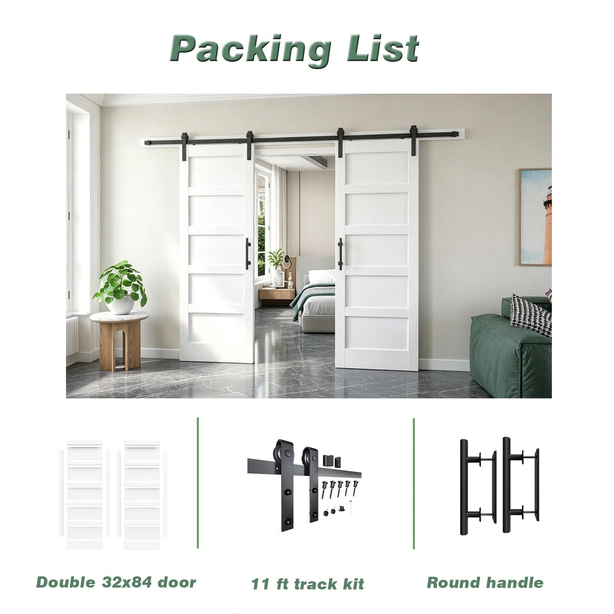 FREDBECK White Barn Door 64x84 (Double 32in x 84in) with Hardware Kit & Handle Included,5-Panel Interior Doors,Water-Proof PVC Surface,Pre-Drilled Holes,Need Assembly