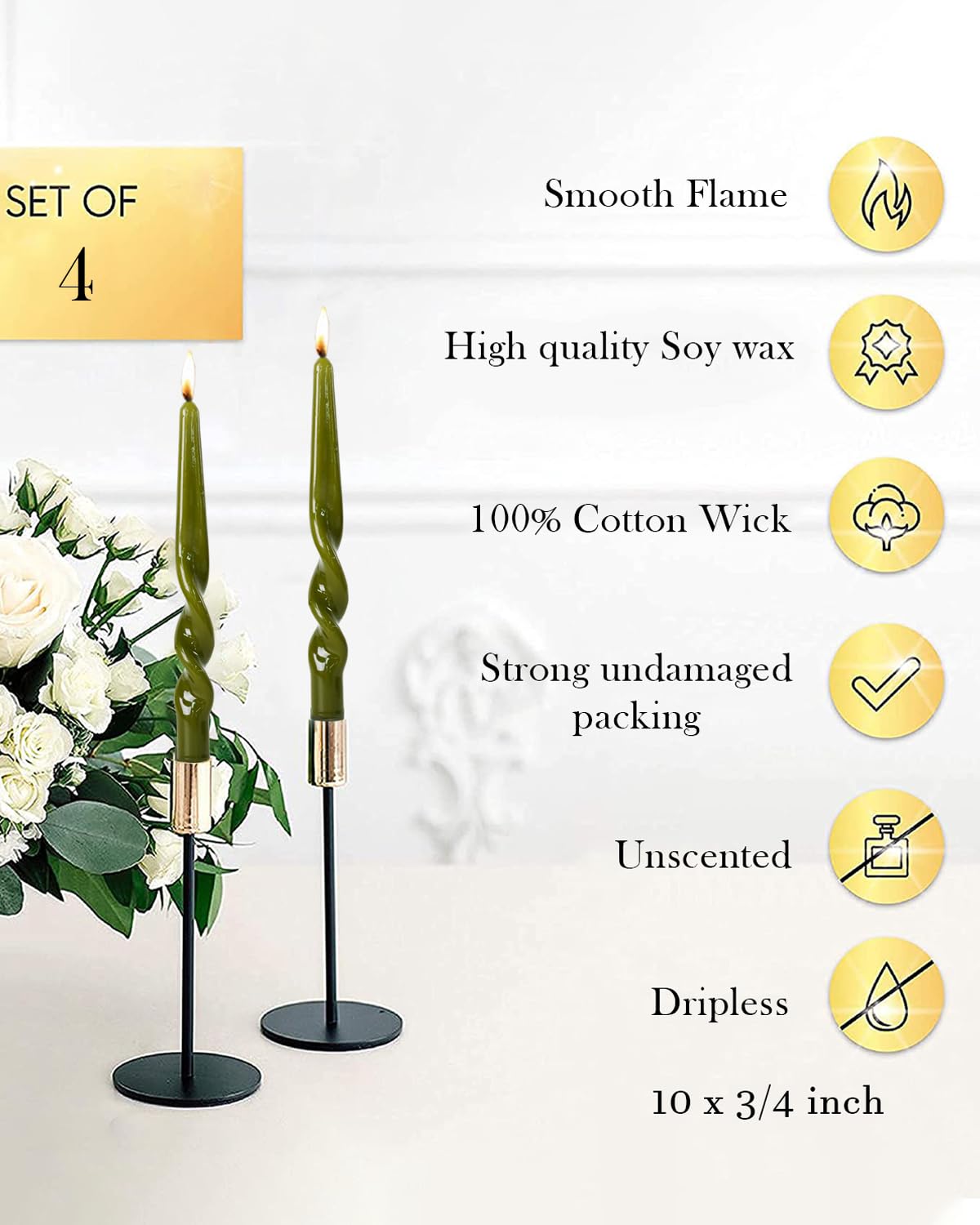 LPUSA Olive Green Spiral Taper Candles Handmade Twisted Candle Conical Stick Candles for Holiday Wedding Party Wax Unscented Dinner Candle Dripless,Christmas Gift H 10 Inch, 4pcs(Olive Green)