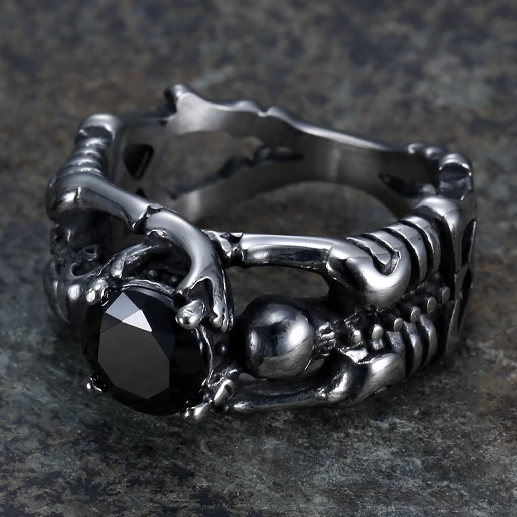 Retro Vintage Stainless Steel Skeleton Skull Gothic Wedding Halloween Statement Biker Ring (Silver Black, 4)